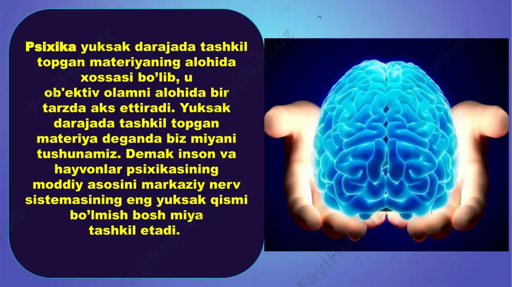 da yaqinlashadi. galen xvii asr biologiya va psixologiya fanlari uchun muhim davr bo’lib hisoblanadi. jumladan fransiya olimi dekart (1596-1650) tomonidan xulqatvorning reflektor (g’ayriixtiyoriy) tabiatga ega ekanligini kashf etilishi, yurakdagi mushaklarning ishlashi (faoliyati) qon aylanishning ichki mexanizmi bilan boshqarilayotganligini tushuntirilishi muhim ahamiyat kasb etadi. rene dekart psixologiya fanining ilmiy asosga qurilishida ingliz olimi gobbs (1588-1679) ruhni mutlaqo rad etib, mexanik harakatni yagona voqelik deb tan olib, uning qonuniyatlari psixologiyaning ham qonuniyatlari ekanligini ta'kidladi. uning negizida - epifenomalizm (yunoncha eri - o’ta, rhainominon –g’ayritabiiy hodisa) vujudga keldi, ya'ni psixologiya tanadagi jarayon-larning soyasi singari ruy beradigan ruhiy hodisalar to’g’risidagi ta'limotga aylandi. tomas gobbs niderlandiyalik olim spinoza (1632-1677) ongni katta ko’lamga ega materiyadan sira qolishmaydigan voqelik, ya'ni yaqqol narsa deb, tushuntirdi. u determinizm (lotincha demmerminara - belgilayman) tamoyilining, ya'ni tabiat, jamiyat hodisalarining, shu jumladan psixik hodisalarning ob'ektiv sabablar bilan belgilanligi haqidagi ta'limot targ’ibotchisi edi benedikt spinoza xvii asrdagi yirik nemis mutafakkiri leybnis (1646-1716) ning …