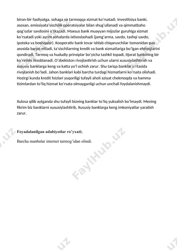 moniy va yuridik shaxslarga xilma-xil bank xizmatlari koʻrsatadi (depozitlarni jalb etish, veksel hisobi, kredit berish, qimmatbaho qogʻozlarni sotish va sotib olish). bu bank bank va kredit tizimining oʻzagini tashkil etadi. universal bank hamma turdagi asosiy bank harakatlarini amalga oshiradi. ixtisoslashgan bank biron-bir faoliyatga, sohaga va tarmoqqa xizmat koʻrsatadi. investitsiya banki, asosan, emissiyataʼsischilik operatsiyalar bilan shugʻullanadi va qimmatbaho qogʻozlar savdosini oʻtkazadi. maxsus bank muayyan mijozlar guruhiga xizmat koʻrsatadi yoki ayrim sohalarda ixtisoslashadi (jamgʻarma, savdo, tashqi savdo, ipoteka va boshqalar). kooperativ bank tovar ishlab chiqaruvchilar tomonidan pay asosida barpo etiladi, taʼsischilarning kredit va bank xizmatlariga boʻlgan ehtiyojlarini qondiradi. tarmoq va hududiy prinsiplar boʻyicha tashkil topadi, tijorat bankining bir koʻrinishi hisoblanadi. o’zbekiston rivojlantirish uchun ularni xususiylashtirish va xususiy banklarga keng va katta yo’l ochish zarur. shu tariqa banklar o’rtasida rivojlanish bo’ladi. jahon banklari kabi barcha turdagi hizmatlarni ko’rsata olishadi. hozirgi kunda kredit foizlari yuqoriligi tufayli aholi aziyat chekmoqda va hamma tizimlardan to’liq hizmat …