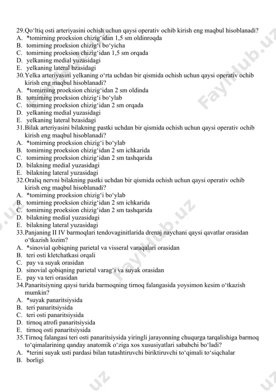 chetidan puls nuqtasiga o‘tkazilgan chiziq orqali b. aniqlanadi c. yelka suyagining medial chetidan bigizsimon o‘siq medial chetiga o‘tkazilgan chiziq orqali aniqlanadi d. tirsak bukilmasi o‘rtasidan medial bigizsimon o‘siqqa o‘tkazilgan chiziq orqali aniqlanadi e. tirsak bukilmasi o‘rtasidan bigizsimon o‘siqlar orasidagi oraliqning o‘rtasiga o‘tkazilgan chiziq orqali aniqlanadi 29. qo‘ltiq osti arteriyasini ochish uchun qaysi operativ ochib kirish eng maqbul hisoblanadi? a. *tomirning proeksion chizig‘idan 1,5 sm oldinroqda b. tomirning proeksion chizig‘i bo‘yicha c. tomirning proeksion chizig‘idan 1,5 sm orqada d. yelkaning medial yuzasidagi e. yelkaning lateral bzasidagi 30. yelka arteriyasini yelkaning o‘rta uchdan bir qismida ochish uchun qaysi operativ ochib kirish eng maqbul hisoblanadi? a. *tomirning proeksion chizig‘idan 2 sm oldinda b. tomirning proeksion chizig‘i bo‘ylab c. tomirning proeksion chizig‘idan 2 sm orqada d. yelkaning medial yuzasidagi e. yelkaning lateral bzasidagi 31. bilak arteriyasini bilakning pastki uchdan bir qismida ochish uchun qaysi operativ ochib kirish eng maqbul hisoblanadi? a. *tomirning proeksion chizig‘i …