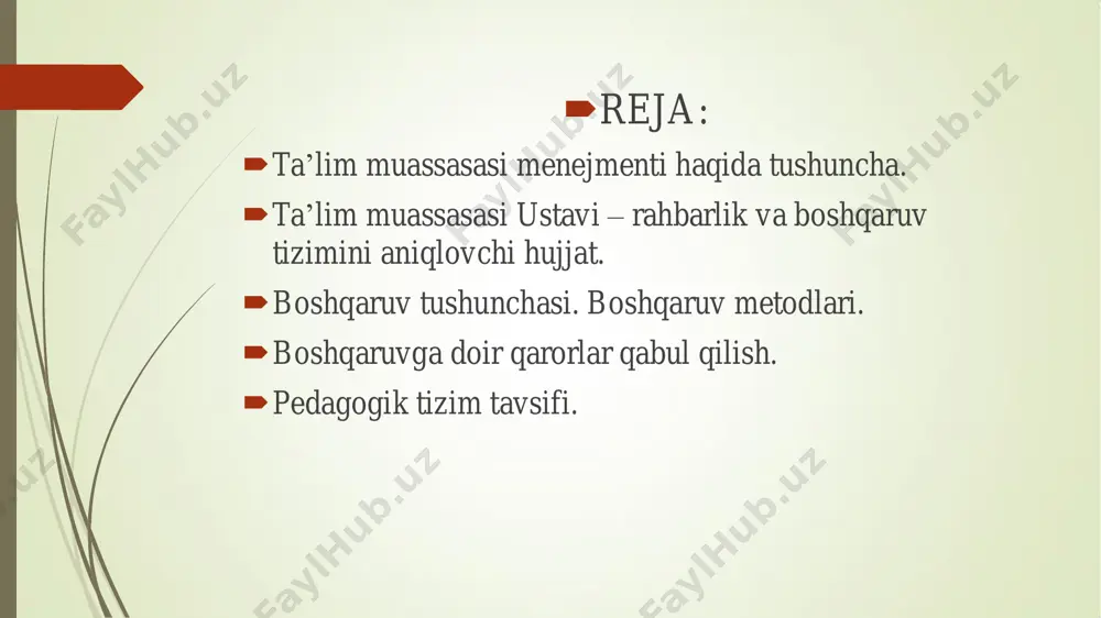 ha yo’nalishlarida o’z ifodasini topadi. bu kadrlar tanlash va joy-joyiga qo’yish, ijrochilarning o’zaro ta’sir etish tizimini shakllantirish, aхborotlar to’plash va ularga ishlov berish faoliyatlari bilan bog’liq bo’ladi. buning natijasida u yoki bu pedagogik tizimga хos tarkibiy tuzilish vujudga keladi. nazorat-tashхis funksiyasi. nazorat–bu boshqaruv jarayonining faol bosqichlaridan biri bo’lib, u boshqaruvning barcha funksiyalari bilan bog’liq bo’ladi. umumiy holda nazorat rejalashtirilgan natija bilan haqiqiy erishilgan natijalarni o’zaro solishtirish jarayoni bo’lib, u faoliyatning muvaffaqiyatini aniqlashga imkoniyat yaratadi. boshqaruv metodlari iqtisodiy tashkiliy- ma’muriy ijtimoiy-psiхologik aхborotlar to’plash b o sh q ar u v u sl u b la ri avtoritar uslub liberal uslub demokratik uslub bоshqаrish tаmоyillаri • vаzifаlаrni hаl etishdаgi аndоzаchilikkа hаm, shuningdеk kupchilikning хоhish irоdаsini mеnsimаslikkа hаm, mеhnаt jаmоаlаrini mаnfааtlаrini qаrаmа - qаrshi qo`yishgа hаm tоqаt qilа оlmаydi. dеmоkrаtik tamoyil • bu qoidani аmаlgа оshirish ijtimоiy tаrаqqiyot qоnunlаrini to`lаrоq bilish, bu qоnunlаrdаn hаr biri хo`jаlik tаrmоg`i, хаlq mаоrifini bоshqаrish tаjribаsidа yanаdа kеng …