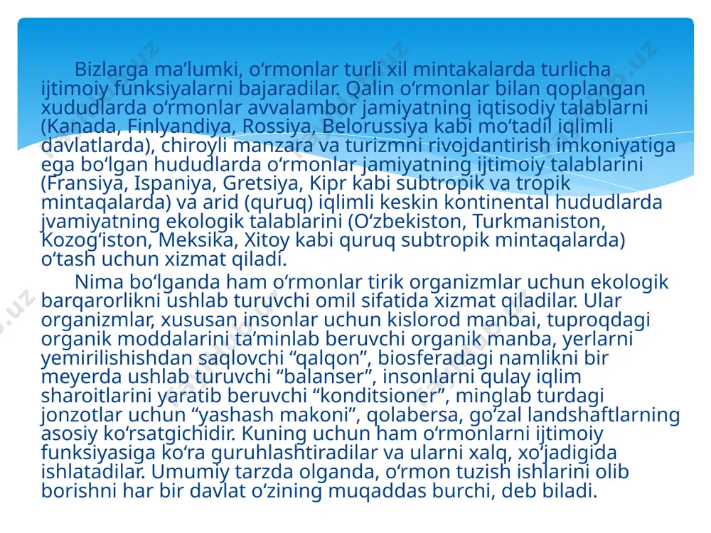 ofaza qilish va undan oqilona foydalanish tadbirlarini ma’lum bir ketma-ketlikda olib borish tartibiga tushunimiz. o‘zbekiston respublikasida o‘rmon juda katta ahamiyat kasb etadi. chunki u nafaqat go‘zal landshaftlar ko‘rinishiga estetik ta’sir qilibgina qolmay, balki daryo va boshqa suv obyektlarining gidrologik rejimini yaxshilaydi, tuproqni suv va shamol eroziyasidan saqlaydi, atmosfera havosida kislorod bilan is gazini balansini ta’minlaydi, kishilarning xordig‘ini chiqarish va salomatliklarini tiklaydi, cho‘llanish jarayonini oldini oladi, qum va to‘zonlarni ko‘chib yurishiga yo‘l qo‘ymadi va shunga o‘xshash ijobiy funksiyalarni bajaradi. ayniqsa o‘rmonlarning xizmati orol dengizidan qo‘rigan yerlarda hozircha yakka-yu yagona ekologik chora sifatida qabul qilinmoqda. 2002 yil orol dengizi qo‘rigan tubida o‘rmonchilikka ixtisoslashtirilgan maxsus xo‘jaliklar tashkil etish to‘g‘risida vazirlar maxkamasining qarori qabul qilindi. o‘zbekiston respublikasi qishloq va suv xo‘jaligi vazirligi huzuridagi o‘rmon xo‘jaligi bosh boshqarmasining ma’lumotlariga ko‘ra mamlakatimiz yer kengliklariga kiruvchi 1,3 mln.ga orol dengiz ko‘rilgan qismida yiliga 15 ming ga saksovul, cherkez, qandim kabi o‘simliklaridan barpo etilayotgan o‘rmonlarda tuzning atmosfera havosiga …