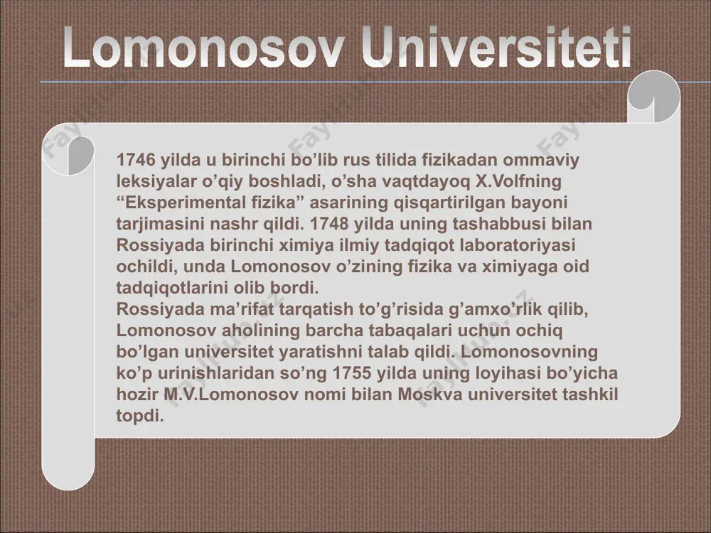 dan birida u elektrlangan ma’lum miqdordagi obyekt po’lat plitaga yaqinlashganini sezadi va bundan shunday xulosaga keladi:”-elektrni miqdor jihatdan o’lchash mumkin ekan.” bu hodisani tomson o’zining absolyut elktrometri orqali isbotlaydi. elektrometr 10 elektr hodisalari bilan shug’ullangan davrida u oldiga shunday maqsad qo’yadi “yorug’likning elektrlangan shi shadan va suvdan o’tayotganda sinishini tavsiflash” shunga o’xshagan tajribani 1875 yilda kyerro o’tkazadi va yorug’lik nurining elektr maydonga kirganda ikki marotaba sinishini kuzatib tushuntirib beradi. optik pintset 11 “tabiat o’z qonunlariga qat’iy amal qiladi va undagi jarayonlar barcha joylarda bir xilda kechadi.lomonosov o’z izlanish va kuzatishlarida harakatning va materiyaning saqlanish qonuniyatidan foydalanadi va har doim shu asosdan isbot keltirib chiqaradi. uning fikricha tabiat harakat va harakatga qarshilikdan iboratdir.” торсионные поля 12 e'tiboringiz uchun rahmat! 13 image4.jpeg image5.png image6.jpeg image7.png image8.jpeg image9.jpeg image10.jpeg image11.jpeg image12.jpeg image13.jpeg image14.wmf image15.png image16.jpeg image17.jpeg image18.jpeg image19.gif image3.jpeg