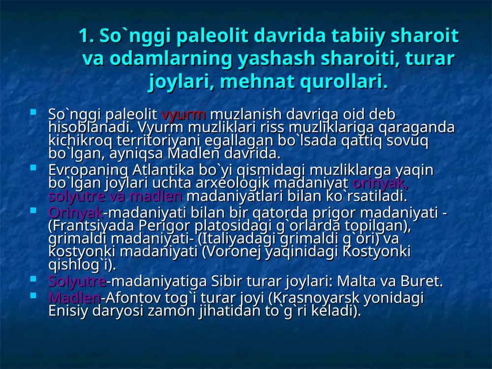 ar qaysi turar joyda kamida 50 odam yashagan, manzilgohlarda ikki yoki uch turar joy bo`lgan. dеmak manzilgohlarda 100-150 odam yashagan. hayvonlarni o`rab olib ovlash, katta turar joylar qurish katta odamlar gruppasining ko`p kuch-g`ayrat sarflashini talab etgan. birgalikdagi mеhnat faoliyati umumiy turar joy, nisbiy o`troqlik kollеktiv a'zolarining jipslashuviga va qarindoshlik aloqasini anglashga olib kеlgan. o`sha davrda qarindoshlik haqidagi tushuncha faqat odamlar o`rtasidagi jismoniy qarindoshlikning emas, balki kollеktiv iqtisodiy va sotsial birligining ham ifodasi bo`lgan. so`nggi palеolitda ayollarning haykal shaklidagi tasvirlarining tarqalishi oila-urug` munosabatlarida, qarindoshlikni hisoblashda onalik davri boshlanishining badiiy gavdalanishidir. villendorf venerasi. so’nggi paleolit. o`sha davrda mavjud bo`lgan gruppa holidagi nikohda otalik ma'lum bo`lmagan va u hali ijtimoiy ma'noda tan olinmagan. ayol-ona-urug`ning bosh onasi hisoblangan, bolalar uning tеvaragida to`plana borgan. o`sha davrda muvaffaqiyatli ovchilik va nisbiy o`troqlik tufayli turar joylar ilgaridеk faqat noqulay tashqi sharoitlardan saqlanish uchun xizmat qilmay, balki xo`jalik bazasi, mahsulotlarni saqlash joyi ham bo`lgan. o`ldirilgan hayvonlarning nimtalangan butun …