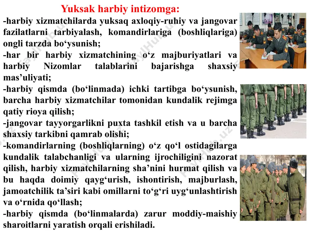 mas’uliyatini oshirish hamda mazkur ishlarda rasmiyatchilik, sansalorlik va loqaydlikka yo‘l qo‘ymasliklariga erishishi shart. bo‘linmalarda huquqbuzarliklar profilaktikasi quyidagi tartibda tashkil etiladi: harbiy xizmatchilar orasida o‘zaro munosabatlarga oid nizom qoidalarini buzish kabi holatlarning oldini olishda eng avvalo, bo‘linmalarda qat’iy nizomiy tartib va ichki tartib o‘rnatilishi ta’minishi kerak. bo‘linmalarda “mening bo’linmam - mening oilam” shiori ostida harbiy xizmatchilarning huquqiy madaniyatini oshirish maqsadida har chorakda (zarurat tug‘ilsa har oyda) bir marta axborot-tushuntirish ishlari olib boriladi, “bir musht iztirobi yohud onaizor o‘kinchi”, “nizomga zid harakatlar” nomli videofilmlar namoyish etilsin va filmlarning mazmun-mohiyati tushuntirib beriladi; harbiy intizom va huquqiy tartibot holatining tahlili, huquqbuzarliklar profilaktikasi bo‘yicha ko‘rilayotgan choralar samaradorligini baholash bo‘linma bo‘linmalarda - har hafta juma kuni, guruh va seksiya (hisob, ekipaj)larda har kuni tashkil etiladi. har tomonlama va xolisona tahlil natijasiga ko‘ra, bo‘ysunuvchi har bir mansabdor shaxslar faoliyatiga alohida baho beriladi va komandir (boshliq)larning tegishli buyruqlari ishlab chiqiladi: qo‘shilma, harbiy qism va muassasalarda - har oyda. …