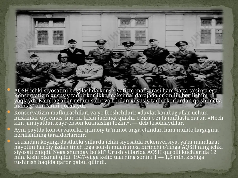 rni amalga oshirish katta mabla] sarflashni talab etardi. hukumat bu xarajatlarni soliqlarni oshirish hisobijqoplamoqchi edi. bu hoi hukumat-ning yirik korporatsiyalar bilan mu-nosabati buzilishiga olib keldi. bu esa, o'z navbatida, demok-ratlar partiyasida bo'linishni kelti-rib chiqardi. j. kennedi islohoti atrofida kuchli siyosiy kurash boshlandi. oxir-oqibatda j. kennedi 1963-yilning 22-noyabrida dallas shahrida otib o'ldirildi. prezident kimlarning buyurtmasi bilan o'ldi-rilganligi haligacha noma'lum-ligicha qolmoqda. undan so'ng prezidentlik lavozimini vitse-prezident l. jonson egalladi. u «buyuk jamiyat qurish das-turini ilgari surdi va o'z oldiga kambag'allikni hamda irqiy adolat-sizlikni tugatish vazifasini qo'ydi. «kambag'aliikka qarshi kurash» da-sturini amalga oshirish maqsadida kam daromadli oilalarga yordam berish to'g'risida qonun qabul qilindi. arzon turar joylar qurish dasturi amalga oshirildi. qariyalar uchun tibbiy sug'urta joriy etildi. kam daromadli oilalarga esa tibbiy xizmat uchun imtiyozlar belgilandi. 1964—1968-yillar davomida ijtimoiy sohalar uchun 10 mln. dollar sarflandi. to'g'ri, mamlakatda kambag'allikni tugatib bo'lmadi. biroq kambag'allar sonini 36,4 mln kishidan 25,4 mln kishiga kamaytirishga erishildi. irqiy kamsitishni tugatishga …