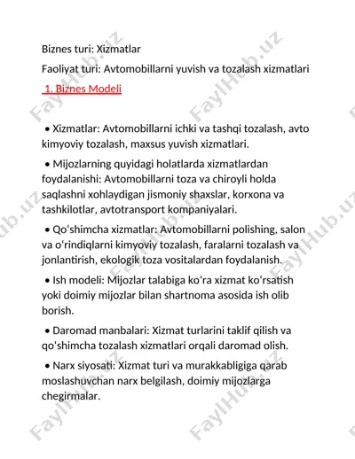 avtomobillarni yuvish va tozalash xizmati — DOCX