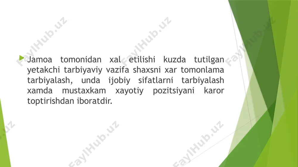 ishlashini tashkil etuvchi ilmiy kadrlar; - ta’lim oluvchilar; - moddiy-texnik ta’minot; - tizim va uning samaradorligi ko’rsatkichlarining moliyaviy ta’mi-noti; - shart-sharoit(psixofiziologik, sanitar-gigienik, estetik va ijtimoiy); - tashkil etish va boshqarish. savollar: jamoa nima? jamoaning rivojlanish bosqichlarini ayting. jamoa an’analari qanday turlarga bo’lingan? pedagogik jarayon nima? pedagogik jarayon ishtirokchilari kimlar?