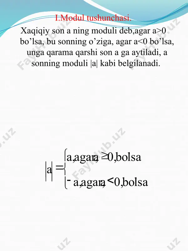gan to’rtta oraliqlardagi yechimlar to’plamini tuzamiz . shunday qilib, [1;2) to’plamdagi sonlar va faqat ular berilgan tenglamaning yechimi bo’ladi. darsni mustahkamlash: darsni yakunlash : darsga ishtirok etgan o`quvchilar baholanadi. uyga vazifa : o`tigan mavzuni o`qub o`rganish va darslikdan misolni bajarish. foydalanilgan adabiyotlar: 1. algebra va analiz asoslari (a.u.abduhamidov, h.a.nasimov va boshqalar. i qism) 2. matematikani takrorlash. 3. abdullayeva m (yuqori darajali tenglamalarni yechish) 4. www.ziyo.net. 5. www.ref.uz. e’tiboringiz uchun kattadan-katta raxmat! image4.png image5.png image6.png image7.png image8.png image9.png image10.png image11.png image12.png image13.png image14.png image15.png image16.png image17.png image18.png image19.png image2.jpeg
