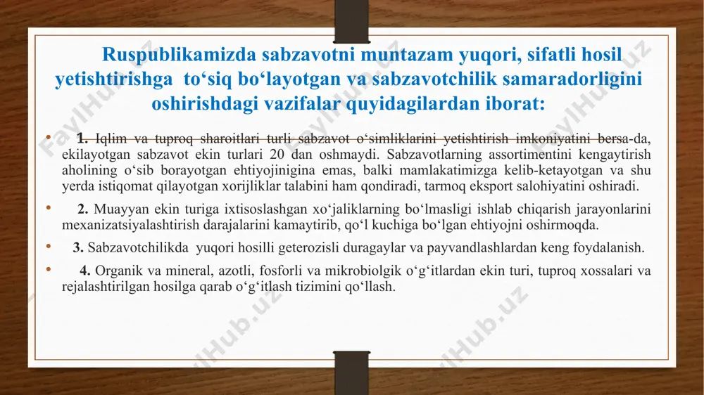tlarini 98,6 (shundan qovun -54,8, tarvuz - 36,5, qovoq - 7,4) kilogrammgacha oshirish, kartoshkani esa 50 kilogramgacha tushirish tavsiya etilmoqda. botanik belgilariga ko‘ra asosiy sabzavot ekinlari quyidagi oilalarga mansubdir. 1. karamdoshlar yoki krestguldoshlar (brassicaceae) - oddiy karam, savoy, bryussel, kolrabi karami, gulkaram, xitoy, pekin (salatbop) karami, kress-salat, xantal (salat gorchitsa), bryukva, turp, sholg‘om, rediska, xren, qatron. 2. soyabonguldoshlar yoki seldereysimonlar (apiaceae) - sabzi, pet­rushka, selderey, shivit, kashnich, pasternak. 3. qovoqdoshlar (cucurbitaceae) - tarvuz, qovun, qovoq, kabachka, patisson, bodring. 4. tomatdoshlar (solanaceae) - pomidor, boyimjon, qalampir, fiza­lis, kartoshka. 5. sho‘radoshlar (chenopodiaceae) - xo‘raki lavlagi va barg lavlagi (mongold), ismaloq. 6. dukkakdoshlar, ya’ni kapalakdoshlar (fabaceae) - dukkaklar, go­rox, loviya, sparja loviyasi. 7. murakkabguldoshlar yoki astrasimonlar (acteraceae) - barg salat, bosh salat, romen salati, artishok, estragon, salatbop sikoriy. botanik belgilariga ko‘ra asosiy sabzavot ekinlari quyidagi oilalarga mansubdir. 8. toronguldoshlar (polugonaceae) - shovul, rovoch (chukri). 9. labgullilar yoki yasnotkasimonlar (labiatae) - rayxon, yalpiz, mayoran, …