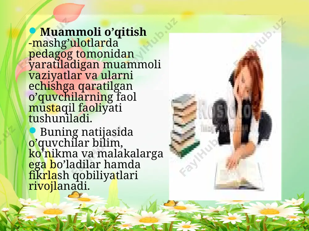 aziyat yaratadi, savollar qo’yadi, masala, mashq va topshiriqlarni taklif qiladi, ularni еchishga qaratilgan muhokamani uyushtiradi, xulosalarning to’g’riligini tasdiqlaydi. muammoli vaziyatning bеlgilari quyidagilar: notanish bo’lgan faktning mavjud bo’lishi; vazifalarni bajarish uchun bolaga bеriladigan ko’rsatmalar; yuzaga kеlgan bilish mashaqqatini hal qilishda ularning shaxsiy manfaatdorligi. * муаммоли таълим қуйидаги вазифаларни самарали ҳал этишга ёрдам беради булар: ўқишга бўлган ички мотивацияни кучайтириш билиш қизиқишини ошириш мустақилликни шакллантириш ижодий қобилиятларни, тасаввур қилишни ривожлантириш касбий таълим муҳитида ўз ўрнини белгилаши учун шароит яратиш мулоқат қилиш кўникмаларини ривожлантириш ўрганилганларни мустаҳкам ўзлаштириш тадқиқотчилик фаолиятининг дастлабки кўникмаларини эгаллаш * муаммоли таълимнинг тузилиши, унинг даражаси ва усуллари ўқув муаммоси уни ҳал этиш бўйича фараз ёки тахминлар муаммоли таълимнинг тузилиши: илгари сурилган фаразни асослаш, яъни турли кўринишдаги исботлар (назарий, тажрибавий-амалий, далилий); хулоса. муаммоли таълим даражалари 1- даража. ўрганиш даражаси. ўқитувчи томонидан муаммо яратилади ва уни ечиш йўллари кўрсатиб берилади, ўқувчилар эса ечимларни излаш жараёнига фақат хаёлан қўшиладилар. . ўқув материалини муаммоли …