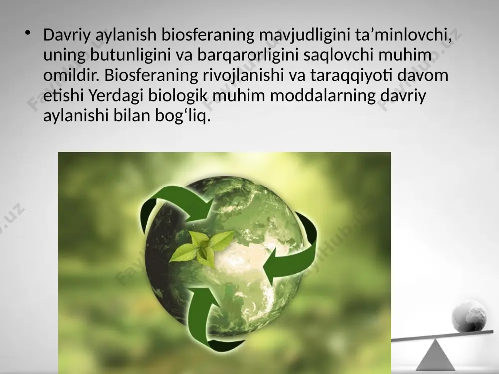 ntez jarayoni, o‘simliklarning ildiz tizimi orqali o‘zlashtiriladigan kimyoviy elementlarning organik moddalar sintezlanishida ishtirok etishi natijasida biogen elementlar to‘planadi va qayta taqsimlanadi. yashil o‘simliklar tashqi muhitdan karbonat angidrid, suv, mineral tuzlarni o‘zlashtirib, quyosh nuri ta’siri va xlorofill ishtirokida geterotrof organizmlar uchun zarur bo‘lgan birlamchi mahsulot – organik birikmalarni sintezlaydi. hayvonlar fotosintez jarayonida hosil bo‘lgan organik birikmalar hisobiga oziqlanadi va hazm qilish jarayonida o‘simliklarning birlamchi mahsulotini ikkilamchi mahsulotga aylantiradi. image2.jpeg image3.jpeg image4.jpeg image5.png image6.jpeg image7.jpeg image8.jpeg image9.jpeg image10.jpeg image11.jpeg image12.jpeg image13.jpeg image14.jpeg image1.jpeg