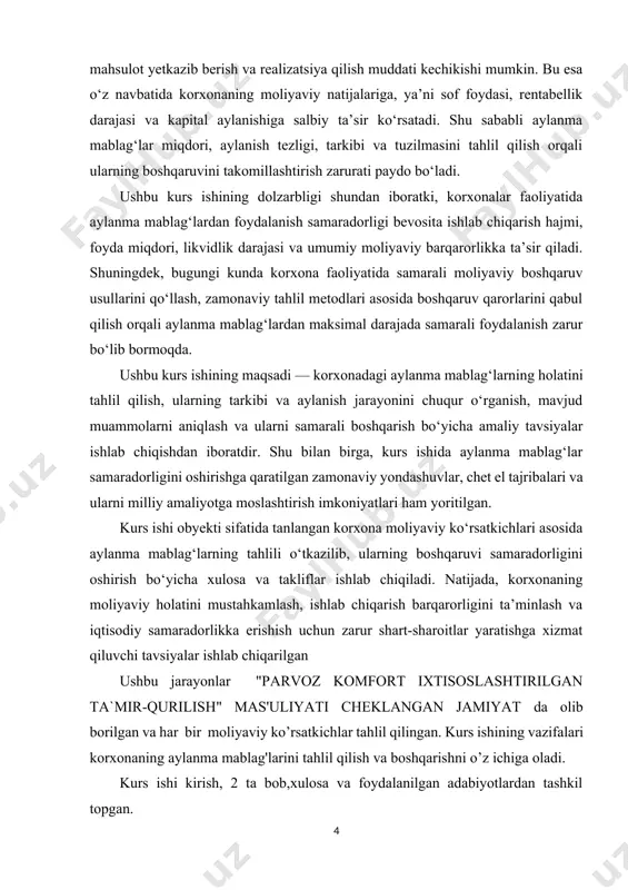 bir yilgacha bo'lgan davrida iste'mol qilinadigan moddiy boyliklarni o'zida mujassamlashtiradi. aylanma mablag'larming manbalari bo'lib korxonaning o'z mablag'lari, qarzga olingan mablag'lar va jalb etilgan mablag'lar hisoblanadi. korxonani tashkil topishda aylanma mablag'lar uning tasischilari mablag'i hisobidan shakllanadi (ustav fondi), keyinchalik uni to'ldirish korxona foydasi, jalb qilingan mablag'lar (passivlar) hisobidan to'ldiriladi. aylanma mablag'lar asosiy fondlardan farqli bo'lib, ular muomala jarayoni bir siklida to'la iste'mol qilinadi va o'z qiymatini tovarlar va savdo xizmatlari qiymatiga to'la o'tkazadi. aylanma mablag'larmi likvidlik darajasi juda yuqori, ayrim tarkiblarini likvidligi qariyb 1-ga teng bo'ladi savdo jarayonida aylanma mablag'lar bir turdan ikkinchi turga aylanib turishi mumkin. aylanma mablag'lar doimiy harakatda bo'ladi. ular savdo jarayonining bir siklida takror ishlab chiqariladi. ishlab chiqaruvchilar yoki vositachilardan tovarni sotib olishda savdoning aylanma mablag'lari ishlab chiqaruvchilar yoki vositachilarning aylanma mablag'iga aylanadi, savdoga ular tovar shaklida muomalaga kirib keladi. ushbu jarayonda ishlab chiqarishni takrorlanishini tezlashtirishga vosita bo'lib xizmat qiladi, savdo uchun uning asosiy funksiyasini bajarilishini ta'minlaydi, …