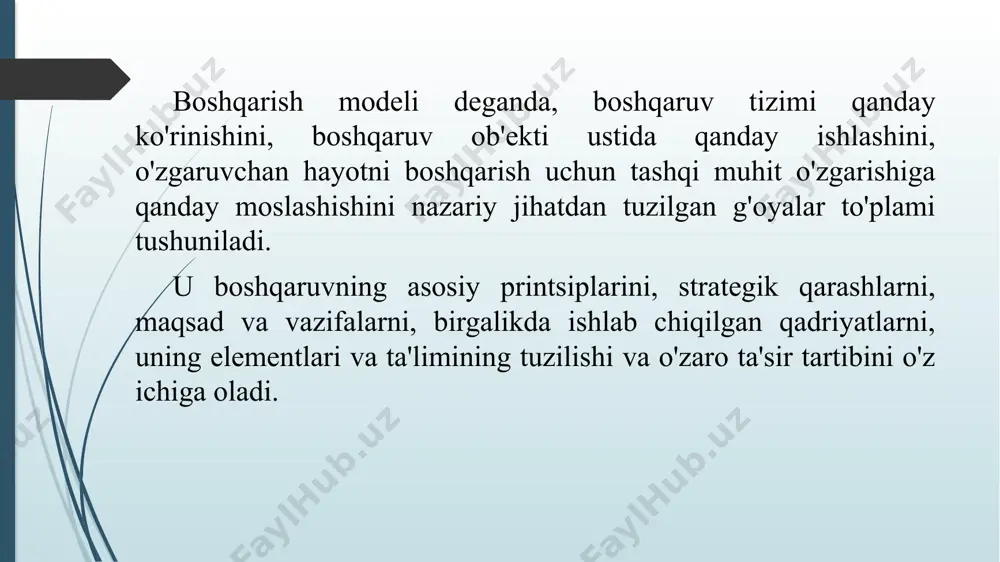 rning birbiriga ishonchi; - firmani rivojlantirish umumiy maqsadiga qo’shma hissa qo’shish muhimligini tushunish. amerika amerika menejmenti qat'iy boshqaruv tashkiloti bilan tavsiflanadi. u eng ko'p boshqaruv munosabatlarini rasmiylashtirish istagi bilan ajralib turadi. xodimning shaxsiy javobgarligi tushunchasi amerika menejmentiga juda xosdir. muayyan menejer ishining samaradorligi uning oldiga qo'yilgan maqsadlarga shaxsan erisha olganligi asosida belgilanadi. amerika menejment maktabining funktsiyalari: 1) rejalashtirish (shu jumladan missiya, maqsadlar va bashorat qilish); 2) tashkilot (shu jumladan kuchdan foydalanish, nizolarni hal qilish tartibi); 3) jarayonlarni bog'lash (shu jumladan aloqa va qaror qabul qilish usullari); 4) tashkilot samaradorligini ta'minlash (shu jumladan, inson resurslarini boshqarish, operatsion ishlab chiqarish tizimlarining ishlashi). amerika menejmentiga quyidagi xususiyatlar xos: - firma xodimlari o’z kompaniyasiga sodiklik fazilatiga ega bo’lmay, undan yaxshiroq va foydaliroq ish topilgan zahoti uni tark etishga tayyor; - qarorni bir rahbar qabul qiladi, unga bo’ysunuvchilar esa ishlab chiqarish, sotish harajatlarini va mumkin bo’lgan foydani tahlil qilish asosida qaror chiqarishga yordam beradilar; - …