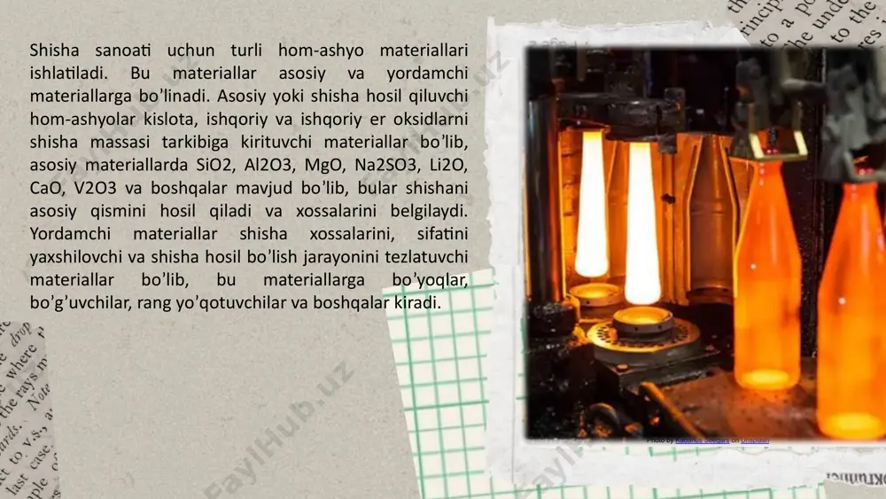 y orqali (amorf glinozyom) al2o3∙3h2o kirgiziladi. ko’p holatda alyuminiy oksidini shisha tarkibiga kaolin, dala shpati, pegmatit orqali kiritiladi, natriy oksidini (na2o) shisha tarkibiga kiritish uchun soda va sulfat orqali kiritiladi. shisha pishirishda na2so3∙10n2o kalsiylangan sodadan olingan suvsiz soda na2so3 ishlatiladi. kalsiylangan toza soda miqdorida 58,53 % natriy oksidi va 41,47 % korbonat kislota mavjud. sodada natriy korbonatni miqdori 98-98,5 % dan kam bo’lmasligi kerak. soda havodan o’ziga juda tez namlikni tortib olish xususiyatiga ega. sodaning namligi 6-10% bo’ladi. namlangan soda tez qumoqlashadi va shisha omihtasini aralashtirishda salbiy ta’sir ko’rsatadi. kalsiylangan soda oq, kukunsimon bo’lib, suvda erishi kerak. photo by kadarius seegars on unsplash image1.png image2.png image3.png image4.png image5.png image6.png image7.png image8.png image9.png image10.png image11.png image12.png image13.png image14.png image15.png image16.png image17.png image56.png image25.png image26.jpeg image27.png image28.png image57.png image58.png image59.png image60.png