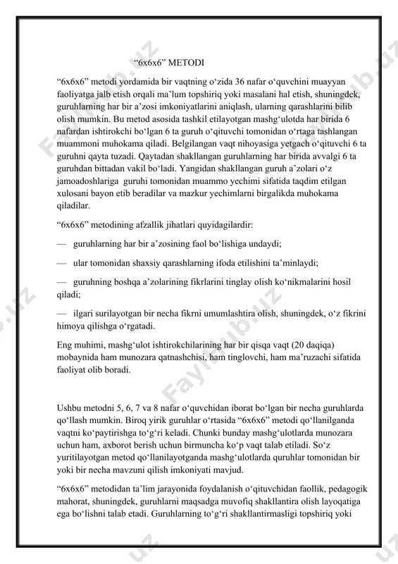 hujum” metodi mazkur metod muayyan mavzu yuzasidan berilgan muammolarni hal etishda keng qo‘llaniladigan metod sanalib, u mashg‘ulot ishtirokchilarini muammo xususida keng va har tomonlama fikr yuritish hamda o‘z tasavvurlari va g‘oyalaridan ijobiy foydalanish borasida ma’lum ko‘nikma hamda malakalarni hosil qilishga rag‘batlantiradi. bu metod yordamida tashkil etilgan mashg‘ulotlar jarayonida ixtiyoriy muammolar yuzasidan bir necha original yechimlarni tanlash imkoniyati tug‘iladi. “aqliy hujum” metodi tanlab olingan mavzular doirasida ma’lum qadriyatlarni aniqlash va ularga muqobil bo‘lgan g‘oyalarni tanlash uchun sharoit yaratadi. metoddan samarali foydalanish maqsadida quyidagi qoidalarga amal qilish lozim: — o‘quvchilarning o‘zlarini erkin his etish uchun sharoit yaratib berish; — g‘oyalarni yozib borish uchun yozuv taxtasi yoki varaqlarni tayyorlab qo‘yish; — muammo (yoki mavzu)ni aniqlash; — mashg‘ulot jarayonida amal qilinishi lozim bo‘lgan shartlarni belgilash; — bildirilayotgan g‘oyalarning ularning mualliflari tomonidan asoslanishiga erishish va ularni yozib olish; — qog‘oz varaqlari g‘oya (yoki fikr)lar bilan to‘lgandan so‘ng ularni yozuv taxtasiga osib qo‘yish; — bildirilgan fikrlarni …