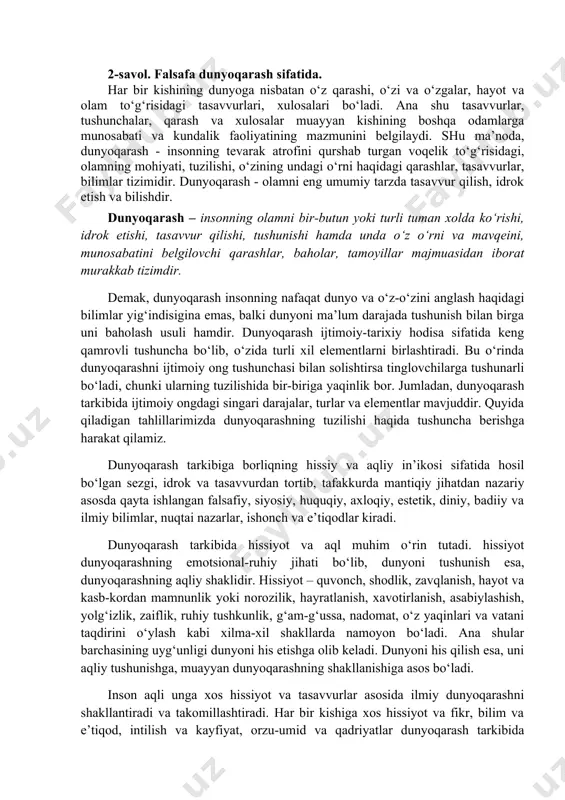 radi. falsafada olamning asosida nima yotadi, uni voqe etib turgan narsaning mohiyati nimadan iborat, degan masalalar nihoyatda uzoq tarixga ega. bu masalalarni qay tarzda xal qilishiga qarab farqlanadigan falsafiy oqim va yo‘nalishlar mavjud. masalan, olamning asosida nima yotadi, uning mohiyati nimadan iborat degan masalada monizm, dualizm, plyuralizm, materializm va idealizm kabi qator falsafiy qarashlar shakllangan. monizm (yunon – manos, ya’ni yakka ma’nosini anglatadi) – olamning asosi yakkayu-yagona sababga, bitta asosga ega deb beradigan falsafiy ta’limotdir. dualizm (lotin tilida dua, ya’ni ikki degan ma’noni ifodalaydi) – olamning asosida ikkita asos, ya’ni modda va materiya bilan birga ruh va g‘oya, ya’ni ideya yotadi deb aytuvchi qarash. plyurializm (lotin tilida plyural, ya’ni ko‘pchilik degan ma’noni ifodalaydi) – olamning asosida ko‘p narsa va g‘oya (ideya)lar yotadi deb e’tirof etadigan ta’limotdir. materializm – olamning asosida materiya, ya’ni moddiy narsalar yotishini e’tirof etadigan, moddiylikni ustivor deb biladigan ta’limot. idealizm – olamning asosida ruh yoki g‘oyalar (ideyalar) …