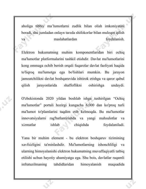 tron hukumatning afzalliklari albatta, elektron hukumatning afzalliklariga oid ma'lumotlarni keltiraman. elektron hukumat (e-hukumat) — bu axborot texnologiyalarini qo'llagan holda davlat organlari hamda fuqarolar, tashkilotlar o'rtasidagi munosabatlarni optimallashtirishga qaratilgan tizimdir. elektron hukumatning bir qator afzalliklari mavjud, ular quyidagilar: 1. **foydalanuvchiga qulaylik va tezlik:** elektron hukumat orqali xizmatlarga onlayn tarzda kirish mumkin. masalan, soliq to'lash, qabul jarayonlari va boshqa ko'plab davlat xizmatlari internet orqali tezda amalga oshiriladi. bu esa vaqt va harakatni tejaydi. 2. **shaffoflikni oshirish:** elektron tizimlar fuqarolarga davlat xizmatlarining qanday amalga oshirilayotganini kuzatib borish imkonini beradi. bu korrupsiya darajasini kamaytiradi va xizmat sifati haqida aniq ma'lumotlarni taqdim etadi. 3. **resurslarni optimallashtirish:** elektron hukumat jismoniy resurslar (masalan, qog'oz, kantselyariya xarajatlari) va insonga bog'liq resurslarga bo'lgan ehtiyojni kamaytiradi. ma'lumotlarning raqamli formatda saqlanishi ulardan samarali foydalanish imkonini beradi. 4. **qulaylik va moslashuvchanlik:** barcha xizmatlarni bitta platforma orqali taqdim etish fuqarolar uchun qulaylik yaratadi. bunda xizmatlarning o'zaro integratsiyasi va ma'lumotlar bazasi asosida ishlashi tizimning …