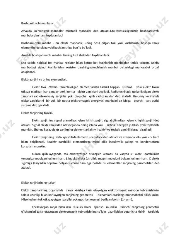 chi manba - bu elektr manbadir, uning hosil qilgan toki yoki kuchlanishi boshqa zanjir elementining tokiga yoki kuchlanishiga bog’lq bo’ladi. amalda boshqariluvchi manba- larning 4 xil shaklidan foydalaniladi: eng sodda noideal tok manbai rezistor bilan ketma-ket kuchlanish manbaidan tarkib topgan. ushbu manbadagi yigindi kuchlanishni rezistor qarshiligivakuchlanish manbai o’rtasidagi munosabat orqali aniqlanadi. elektr zanjiri va uning elementlari. elektr toki otishini taminlaydigan elementlardan tashkil topgan sistema yoki elektr tokini otkaza oladigan har qanday berk kontur elektr zanjirlari deyiladi. radiotexnikada qollaniladigan elektr zanjirlari radiotexnikaviy zanjirlar yoki qisqacha qilib radiozanjirlar deb ataladi. umumiy kurinishda elektr zanjirlarini bir yoki bir necha elektromagnit energiyasi manbaini oz ichiga oluvchi tort qutbli sistema deb qaraladi. elektr zanjirining tasviri. elektr zanjirning signal ulanadigan qismi kirish zanjiri, signal olinadigan qismi chiqish zanjiri deb ataladi. signal elektr zanjiridan otayotganda oning ichida yoki sirtida energiya yutilishi yoki toplanishi mumkin. shunga kora, elektr zanjirning elementlari aktiv (rezitiv) va reaktiv qarshiliklarga ajratiladi. elektr zanjirining …