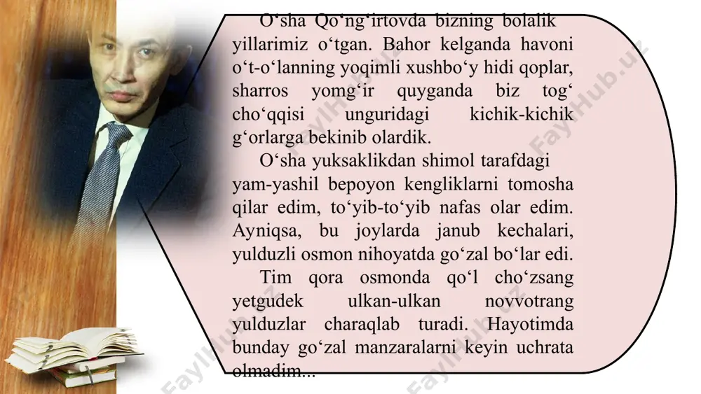 berishgan va buning sababini turlicha sharhlashgan ham. aslida esa mening tabiatim o‘zi shunaqaroq bo‘lsa kerak. ikkinchidan, meni qiynagan savollarga javob topolmay o‘rtangandirman; uchinchidan, shu hasad degan baloning hujumiga juda erta duch keldim. bularning barchasi satrlarimda qandaydir shaklda aks etgan bo‘lsa, ajab emas. chunonchi, hajviy ruhdagi she’rlar ham qandaydir sun’iy ravishda yaratilgan emas. ko‘p qatori meni ham laqillatgan, aldagan odamlarning son-sanog‘i yo‘q. haligiday achchiqroq she’rlarning yozilishiga, albatta, o‘shalar sabab bo‘lgan. men tarjimachilik bilan ham shug‘ullandim. ushbu mashg‘ulotimning eng asosiysi dantening «ilohiy komediya»si deb bilaman. tarjima jarayoni men uchun eng ulug‘ maktab bo‘ldi. agar qog‘oz ustida eng ko‘p ter to‘kkan bo‘lsam, o‘sha tarjima ustida to‘kkanman. ona tilimizning naqadar boy ekanligiga imon keltirgan bo‘lsam, o‘sha tarjima jarayonida imon keltirganman. ishondimki, bizning tilimiz hech bir mubolag‘asiz jahondagi eng go‘zal va eng badavlat tillardan biridir. mening inson va ijodkor sifatida baxtim – o‘zbekistonimning mustaqilligini ko‘rdim va nebaxtkim, ozod vatanimga baholi qudrat xizmat qilib yuribman. 2000-yil …