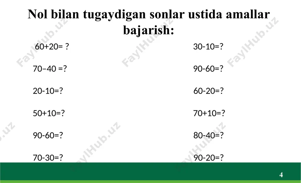 100 lik soni ichida qo'shish va ayirish dars ishlanma 1-sinf - Page 4