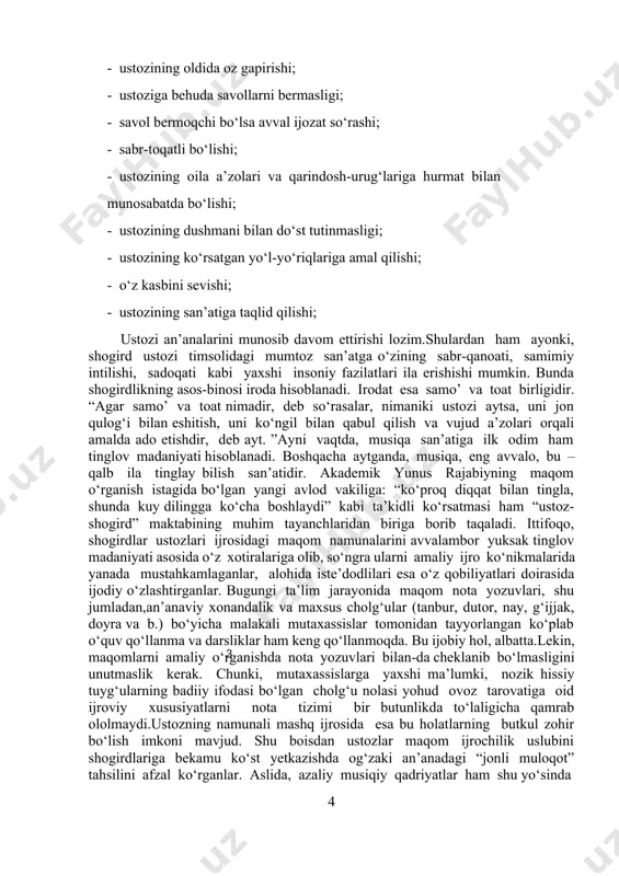 ga o‘zining sabr-qanoati, samimiy intilishi, sadoqati kabi yaxshi insoniy fazilatlari ila erishishi mumkin. bunda shogirdlikning asos-binosi iroda hisoblanadi. irodat esa samo’ va toat birligidir. “agar samo’ va toat nimadir, deb so‘rasalar, nimaniki ustozi aytsa, uni jon qulog‘i bilan eshitish, uni ko‘ngil bilan qabul qilish va vujud a’zolari orqali amalda ado etishdir, deb ayt. ”ayni vaqtda, musiqa san’atiga ilk odim ham tinglov madaniyati hisoblanadi. boshqacha aytganda, musiqa, eng avvalo, bu – qalb ila tinglay bilish san’atidir. akademik yunus rajabiyning maqom o‘rganish istagida bo‘lgan yangi avlod vakiliga: “ko‘proq diqqat bilan tingla, shunda kuy dilingga ko‘cha boshlaydi” kabi ta’kidli ko‘rsatmasi ham “ustoz-shogird” maktabining muhim tayanchlaridan biriga borib taqaladi. ittifoqo, shogirdlar ustozlari ijrosidagi maqom namunalarini avvalambor yuksak tinglov madaniyati asosida o‘z xotiralariga olib, so‘ngra ularni amaliy ijro ko‘nikmalarida yanada mustahkamlaganlar, alohida iste’dodlilari esa o‘z qobiliyatlari doirasida ijodiy o‘zlashtirganlar. bugungi ta’lim jarayonida maqom nota yozuvlari, shu jumladan,an’anaviy xonandalik va maxsus cholg‘ular (tanbur, dutor, nay, g‘ijjak, …