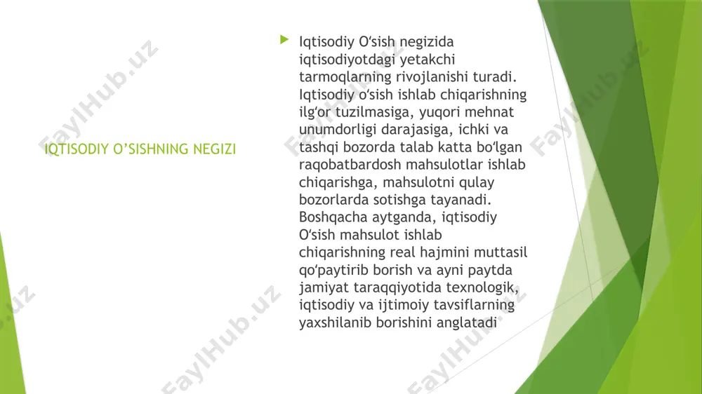 iyoti holati va dinamikasi toʻgʻrisida maʼlumot bersada, iqtisodiy oʻsishni toʻliq aks ettirmaydi. mas, mamlakat aholisining oʻsish surʼati 3% ni, real yaim ning oʻsish surʼati ham 3% ni tashkil etdi. bunday holatda, garchi yaim hajmi oʻsgan boʻlsada, kishilarning daromadlari oʻzgarmay qoladi. shu sababli iqtisodiy oʻsishni toʻlaroq aks ettirish uchun boshqa bir koʻrsatkich — aholi jon boshiga ishlab chiqarilgan real yaimning oʻzgarishi qoʻllanadi. iqtisodiy oʻsishning sifat omillari ham mavjud boʻlib, ularga mehnat, kapital va yer (tabiiy) resurslari unumdorligi kiradi. sifat omillari hisobiga yuz beradigan iqtisodiy oʻsish intensiv oʻsish deb yuritiladi. qtisodiy oʻsishning sifat omillari ham mavjud boʻlib, ularga mehnat, kapital va yer (tabiiy) resurslari unumdorligi kiradi. sifat omillari hisobiga yuz beradigan iqtisodiy oʻsish intensiv oʻsish deb yuritiladi. ishlab chiqarish omillarining cheklanganligi ekstensiv oʻsish.ning imkoniyatlarini chegaralaydi. shu sababli resurslar cheklanganligi sharoitida intensiv oʻsish samarali hisoblanadi. fantexnika taraqqiyoti ham intensiv iqtisodiy oʻsishni ragʻbatlantiradi. keyingi yillarda bir qator ijtimoiy qoʻrsatkichlar iktisodiy oʻsish sharti va natijasi …