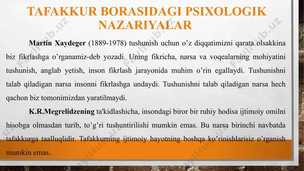 elgisini, ya'ni yoritishni fikran ajratib olib, umuman yoritish to’g’risida mulohaza yuritiladi. konkretlashtirish - hodisalarni ichki bog’lanish va munosabatlardan qat'iy nazar bir tomonlama ta'kidlashdan iborat fikr yuritish operasiyasidir. konkretlashtirish odamda ikki xil vazifani bajaradi. birinchidan, umumiy abstrakt belgining yakka ob'ektga tadbiq etish amalga oshiriladi. masalan, biz "oq" deganimizda ko’z oldimizga qor, qog’oz, paxta va shu kabilar kelishi mumkin. ikkinchidan, konkretlashtirish umumiy va yakka belgilar kamroq bo’lgan umumiylikni ochishda ifodalanadi. masalan, biz olma, olxo’ri, uzumni mevalar qatoriga stol-stul, divan va shu kabilarni mebellar qatoriga qo’shamiz. klassifikasiyalash (turkumlash) - bir turkum ichidagi narsalarning bir-biriga o’xshashligiga va boshqa turkumdagi narsalardan farq qilishiga qarab narsalarni turkumlarga ajratish tizimidir. d.i.mendelevni "elementlarning davriy tizimi" jadvali bunga yorqin misoldir . sistemalashtirish - tizimga solish, bunda ayrim narsalar, faktlar, hodisa va fikrlar muayyan tartibda makondagi, vaqtdagi tutgan o’rniga yoki mantiqiy tartibda joylashtiriladi. shu sababli makon, xronologiya va mantiqiy belgilar asosida tizimga solish turlariga ajratiladi. masalan, maktab ta'limida o’zlashtirilgan bilimlarni …