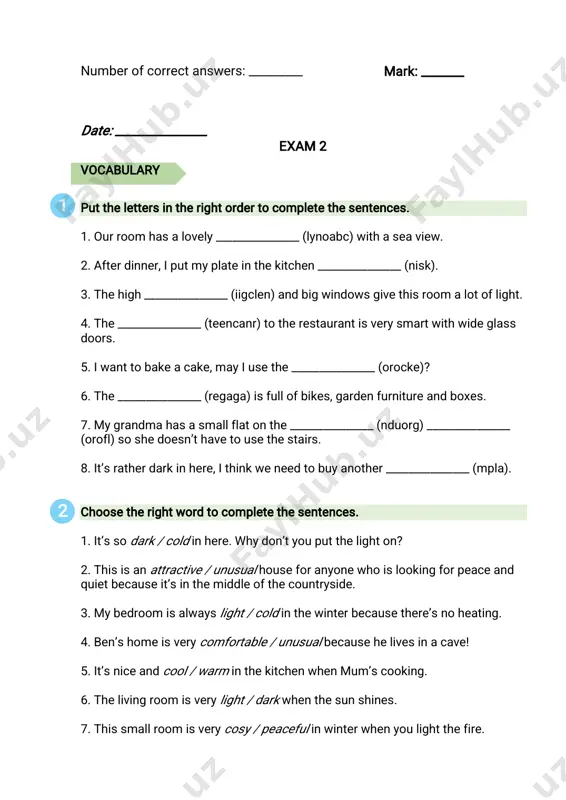 ework__________carefullythanyoudo. a)more b)much c)most 2.wevisitourgrandparents__________oftenthanwedid. 2 3 a)theleast b)little c)less 3.istudymore__________wheni’m notlisteningtomusic. a)efficient b)efficiently c)efficienter 4.whogoestothegym the__________often? a)more b)most c)very 5.idon’twatchtvasmuch__________tom does. a)as b)that c)than 6.stephenspeaksenglishthe__________fluentlyinourclass. a)most b)much c)more 7.dadalwaysgetshome__________thanmum. a)latest b)lately c)later 8.youneedtostudy__________topassyourexams. a)harder b)hardly c)hardest completethesentenceswiththecorrectadverbform oftheadjectivein brackets.writeonewordineachspace. 1.jackplaystennisreally__________(good). 2.icanrun____________________(fast)you. 3.sarahmakesfriends______________________________(easy)idobecauseshe likesmeetingpeople. 4 4.helendoesn’tstudy______________________________(hard)hersisterbecause she’squitelazy. 5.juliasings______________________________(beautiful)inourclass.shehasa reallylovelyvoice. 6.martinspeaksgerman____________________(good)hisclassmates. 7.paulspeaksenglish__________________(bad)inhisyearbecausehedoesn’t likelearninglanguages. 8.mybrothergoestobed__________________(late)ido. pronunciation listenandchoosetherightwordpatternforeachword 1.favourite a)0o b)0oo c)o0oo 2.languages a)0o b)0oo c)o0oo 3.technology a)0o b)0oo c)o0oo 4.biology a)0o b)0oo c)o0oo 5.geography a)0o b)0oo c)o0oo 6.classroom a)0o b)0oo c)o0oo 7.history a)0o b)0oo c)o0oo 8.chemistry a)0o b)0oo c)o0oo numberofcorrectanswers:_________ 5 mark:_______6 date:_______________ exam 4 vocabulary completethesentenceswiththewordsbelow. lovely|smooth|soft|heavy|hard|colourful|little|round 1.thisbookisvery________________–howmanypages 2.wouldyoulikea________________cupofhotchocolatetowarm youup? 3.ilovethisjumperit’sso________________andcosy. 4.iloveyourpainting,it’sverybrightand________________. 5.igotthisbreadtwodaysagoandnowit’s________________.ineedtobuysome more. 6.lookatthe________________dog,is