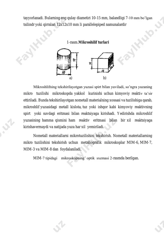 oviy reaktivning spirt yoki suvdagi eritmasi bilan reaktsiyaga kirishadi. yedirishda mikroshlif yuzasining hamma qismini ham reaktiv eritmasi bilan bir xil reaktsiyaga kirishavermaydi va natijada yuza har xil yemiriladi. nometall materiallarni mikrotuzilishini tekshirish. nometall materiallarning mikro tuzilishini tekshirish uchun metallografik mikroskoplar mim-6, mim-7, mim-3 va mim-8 dan foydalaniladi. mim-7 tipidagi mikroskopning’ optik sxemasi 2-rasmda berilgan. 2-rasm. mim-7 tipidagi mikroskopning’ optik sxemasi 1- elektrolampaning yorug’lik nuri 2-kollektor orqali o’tib, 3-ko’zgudan qaytib, 4-yoruglik filtriga tushadi (aniq konturli tasvir olish uchun odatda sarik filtr ishlatiladi ) so’ngra 5- xarorat diafragmasidan (yoruglik dastasini chegaralash va aniq tasvir olish uchun xizmat qiladi), 6-linza, 19-fotozatvor, 18-kenglik diafragmadan (mikroshlifning kuzatilayotgan qismiga tushayotgan yoruglikni chegaralash uchun xizmat qiladi ) o’tib, 7-prizmadan sinib, 8-linza orqali 9- plastinkadan qaytib, 10-ob’ektiv orqali predmet stoliga quyilgan 11-mikroshlifga tushadi. nur 11–mikroshlifdan qaytib, 10-ob’ektivda parallel nurlar dastasiga aylanib, 9-plastinka orqali 12-axramatik linzaga tushadi. vizual kuzatishda nurlarni 14-ko’zgu 13-oqulyarga yo’naltirib beradi. tasvirning fotosuratini tushirishga okulyar o’rnatilgan …