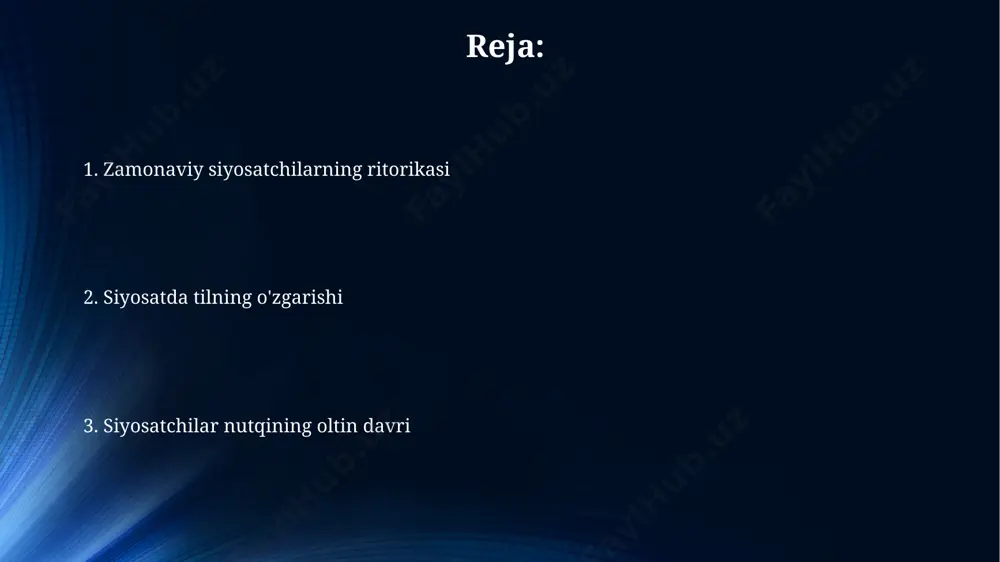 ydalanilgan. siyosatda so'z erkinligi jahon matbuot erkinligi indeksiga ko'ra, o'zbekistonning reytingi so'nggi yillarda yaxshilandi, ammo 2023 yil holatiga ko'ra, dunyoning 180 dan ortiq davlatlari orasida hali ham yuqori o'rinlarda emas. bu, siyosiy muhokamalarda to'liq ochiqlik va xilma-xil fikrlarning mavjud emasligini ko'rsatadi. o'zbekistonda 2017 yildan buyon matbuot va so'z erkinligi borasida sezilarli yutuqlar kuzatildi, ammo 1991 yildan beri davom etayotgan ba'zi cheklovlar hali ham mavjud. huquqiy jihatdan, qonunlar mustaqil ommaviy axborot vositalarining rivojlanishiga imkoniyat yaratgan bo'lsa-da, amaliyotda turli to'siqlarga duch kelinadi. manipulyatsiya va aldov usullari sovet davrida, propaganda orqali 5 yillik rejalarning amalga oshishi bo'yicha noto'g'ri ma'lumotlar (taxminan 30% ga) taqdim etilgan. 2000-yillardagi aqsh prezidentlik saylovlarida, noaniq va emotsional til orqali 70% ga yaqin odamlarni manipulyatsiya qilish holatlari kuzatildi. ommaviy axborot vositalarining roli 1990-yillarning boshidan boshlab, qozogʻistonda ommaviy axborot vositalari siyosatchilarning nutqlarini tahlil qilish va ularning samaradorligini oʻrganishda muhim vositaga aylandi, natijalar 3 ta asosiy omilga bogʻliq ekanligini ko'rsatdi. oʻzbekistondagi 2023-yilgi …