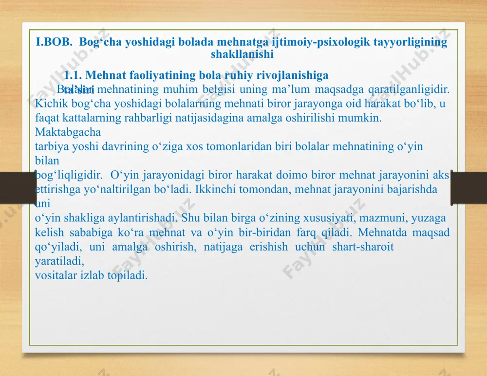 brazi orqali mehnatga o‘rgatiladi. shu orqali bolalarishonch bilan harakat qilishni o‘rganadilar. 1.2. mehnat jarayonida bolaning shaxsiyatini tarbiyalash. bu vazifalar guruhi mas'uliyat, mustaqillik, maqsadga muvofiqlik, tashabbuskorlik va chidamlilikni tarbiyalashni o'z ichiga oladi. ularsiz mehnatsevarlik asoslarini (mehnat harakatlariga odatlar, mehnat faoliyatida ishtirok etishga tayyorlik, boshlangan ishni oxirigacha etkazish qobiliyati) shakllantirish mumkin emas. o'qituvchilar va ota-onalar maktabgacha yoshdagi bolalarning tanasi, ruhiyati monoton, murakkab ishlardan tezda charchashlari va statistik va dinamik yuk elementlarini almashtirib turadigan muayyan ishlarning hajmi va davomiyligini tartibga solishlarini hisobga olishlari kerak. bolalarning mehnat sa'y-harakatlarini optimallashtirish ularni umidsizlikdan, ortiqcha charchoqdan xalos qiladi, bu ularning mehnatga ijobiy munosabati uchun muhim shartlardir. ii. bob. maktabgacha yoshdagi bolalarni mehnat tarbiyasi vazifalari 2.1. mehnat tarbiyasining jismoniy tarbiya bilan aloqasi mustaqil, hayotda o'z taqdirini o'zi belgilashga qodir shaxsni tarbiyalash zarurati. shu bilan birga, ta'lim va tarbiyaning sinfiy tabiati maktablarda jismoniy mehnatdan foydalanishni nazarda tutmagan. qullarning bolalari maktabda tarbiyalanmagan; tarbiyakattalar bilan teng mehnatda o'tdi. t. yana yosh …