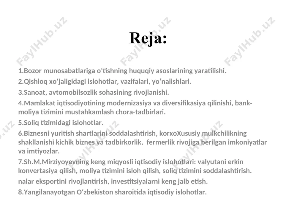 ik biznesga, mulk shaklidan qatʼi nazar, yiliga sanoat korxonalarida oʻrta hisobda 10 nafargacha, savdo, xizmat koʻrsatish va boshqa ishlab chiqarishdan tashqari sohalarda 5 nafargacha ish bilan band xodimga ega boʻlgan mikrofirmalar; ishlab chiqarish sohasida yiliga oʻrta hisobda 40 nafargacha, qurilish, qishloq xoʻjaligi va boshqa ishlab chiqarish sohalarida 20 nafargacha, ilm-fan, ilmiy xizmat koʻrsatish, chakana savdo hamda boshqa ishlab chiqarishdan tashqari sohalarda 10 nafargacha ish bilan band xodimga ega boʻlgan kichik korxonalar kiradi. kichik korxonalar uchun yiliga belgilangandan ortiq, lekin ishlab chiqarish sohasida 100 nafardan, qurilishda 50 nafardan, qishloq xoʻjaligi va boshqa ishlab chiqarish sohalarida, ulgurji savdoda 30 nafardan, chakana savdo, xizmat koʻrsatish hamda boshqa noishlab chiqarish sox.alarda 20 nafardan oshmaydigan ish bilan band xodimga ega boʻlgan korxonalar oʻrta biznes korxonalari hisoblanadi siyosiy sohada yer, yer osti boyliklar suv, o‘simlik va zaxiralarga to‘la egalik qilish o‘z iqtisodiy taraqqiyot yo‘lini o‘zi belgilashi boshqa mamlakat iqtisodiga qaram bo‘lmasligi mustaqil ijtimoiy –iqtisodiy siyosat o‘z …