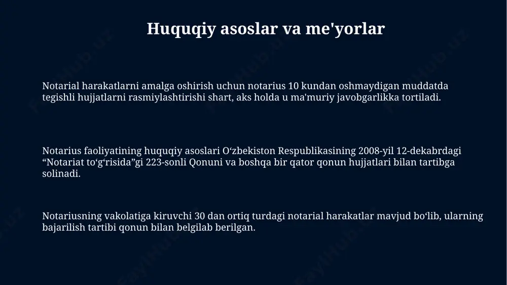 liy mashg‘ulotlar o‘tkazildi. elektron notariuslik elektron imzo texnologiyalari yordamida 99% dan ortiq aniqlik bilan hujjatlarning asl nusxaligini tasdiqlash imkoniyati mavjud bo'lib, bu esa firibgarlik va soxta ishlarning oldini olishga yordam beradi. elektron notariuslik tizimi, o'rtacha 10 daqiqadan kam vaqt ichida hujjatlarni tasdiqlash jarayonini yakunlaydi, bu esa mijozlar uchun qulaylik va tezkorlikni ta'minlaydi. elektron notariuslik xizmatlari orqali 24/7 hujjatlarni tasdiqlash mumkin bo'lib, bu an'anaviy notariuslarga nisbatan ancha yuqori samaradorlikni ta'minlaydi va vaqtni tejaydi. e'tiboringiz uchun rahmat @taqdimot_robot image1.jpg