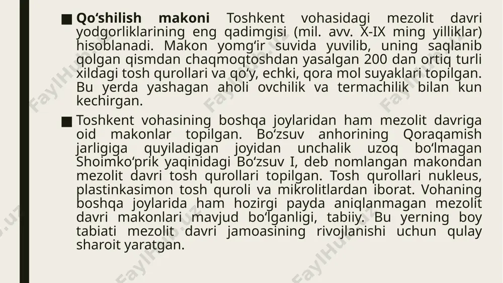 avqei yuqori bo‘lgan, keyin o‘rinlarni termachilik va baliqchilik egallagan. janubiy tojikistonning mezolit davri madaniyatlari. bu yerdagi kofirnahr, vaxsh, panj vodiylari, hatto pomir tog‘ining baland qismidagi hududlarda mezolit davri jamoalariga oid 30 ga yaqin yodgorliklar aniqlangan. bu yodgorliklarning ko‘pchiligining madaniy qatlami buzilib ketgan. mezolit davriga oid tutqovul iii, chilchorchashma, darai sho‘r, quyibulyon, obikiyik, oshxona, alichur va boshqalar yodgorliklar yaxshi o‘rganilgan. bu yerning mezolit davri madaniyatlari tekislik va tog‘oldi hududidan iborat ikki yo‘nalishda faoliyat yuritib, mil. avv. xi-vii ming yilliklar bilan sanalanadi. janubiy tojikiston hududidagi barcha yodgorliklarini tadqiqotchi arxeolog olimlar turli davr va madaniyatdan iborat to‘rta arxeologik majmuaga ajratgan. o‘rta osiyoning mezolit davri madaniyatlari. hozirgi paytda o‘rta osiyo hududida mezolit davriga oid ikki yuzdan ortiq yodgorlik aniqlangan. ular madaniy qatlamli va terma moddiy ashyolariga ega bo‘lgan g‘or-makon, ochiq joy-makon va mavsumiy makondan iborat. mezolit davri yodgorliklari maʼlum madaniyat, madaniy majmualari ajralib turadi. mezolit davri madaniyatlari orasida sharqiy kaspiybo‘yi hududi yodgorliklari muhim o‘rin …