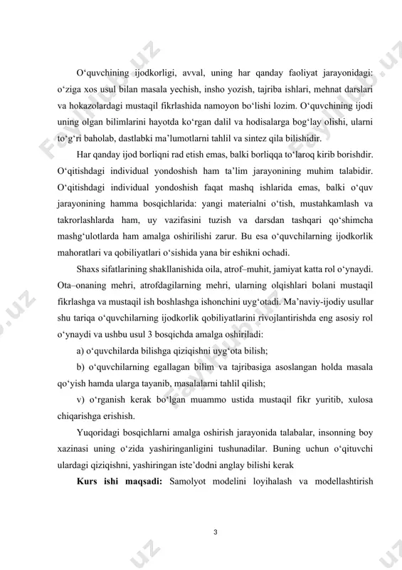 delini tuzish; 3.modelni yig'ish va sozlash; 4.modelni sozlash va ishga tushirishni o'rganish va tahlil etishdan iborat kurs ishi ob’ekti: samolyot modeli. kurs ishi predmeti: samolyot modelini loyihalash va modellashtirishning amaliy ahamiyati . kurs ishi tuzilishi: kirish, ikki bob(4ta paragraf), xulosa va foydalanilgan adabiyotlar ro’yxatidan iborat. i bob. samolyot - aviatsiyani modellashtirish va navigatsiya. 1.1. planer modelini ishlab chiqarish. planer - havodan og'irroq samolyot turi. planer tashqi tomondan harakatsiz qanotlari bilan uchayotgan qushga o'xshaydi. havoda uchish haqida o'ylarkan, odamlar mushak kuchi bilan harakatga keltiriladigan qanotlari qoqib qo'yilgan apparatdan boshqa parvozni tasavvur qila olmadilar. parvozning ushbu printsipi qanotlarini qoqib qo'yadigan samolyotlar uchun sxemalarni ishlab chiqqan leonardo da vinchi tomonidan ishlatilgan. biroq, keyinchalik ma'lum bo'ldiki, odamning mushak kuchi qushlarning chayqalib uchishiga taqlid qilish uchun etarli emas. qushning tez-tez qoqmasdan uchishini - u qattiq qanotlari bilan havoda uchishini payqab, ixtirochilar planerlar yaratish yo'lini oldilar.[footnoteref:1] [1: abdullayeva q.m. tikuvchilik buyumlarini loyihalash va modellashtirish asoslari. o’quv …