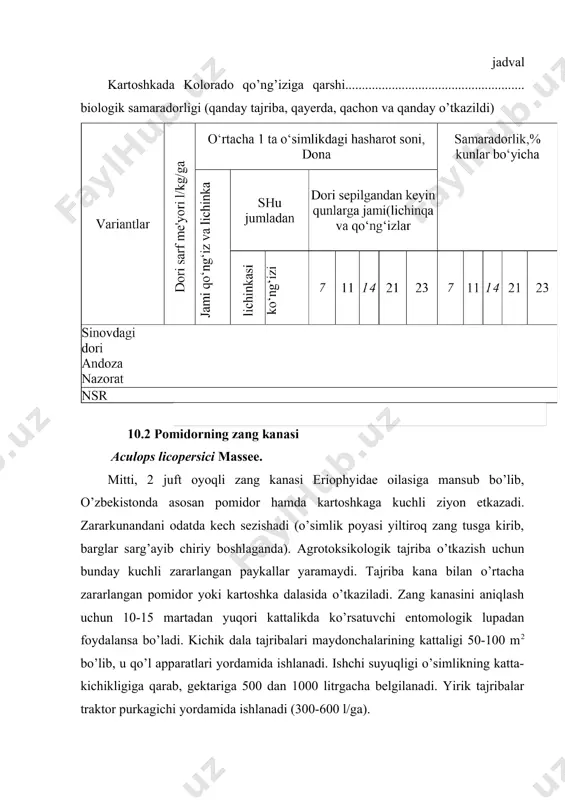i sinalganida gektariga 0,4-0,5 l miqdorda sepilgan dori 3-kunda 95% dan past natija ko’rsatdi (agar gormonal dori bo’lmasa). bu natija qoniqarsiz deb topilib, tajriba olib borilayotgan dala qatoriga sarflash me'yori birmuncha (misol uchun, 0,6-0,7 l/ga) oshirilgan qo’shimcha variantlar qo’yiladi. yoki buning aksi ham bo’lishi mumkin. bu o’rinda ta'kidlash lozimki, zararkunanda juda maydaligini, u o’simlikning barcha qismlariga tarqab ketishi mumkinligini hamda har qanday usuldagi ishlov xam ekinni to’liq qamray olmasligini nazarda tutib, zang kanasiga qarshi 2 marta ishlov o’tkazish kerak. ikkinchi ishlov birinchisidan 7-10 kun keyin o’tkazilishi zarur. shuning uchun agrotoksikologik tajribalarni ikki xil o’tkazish mumkin: past va o’rta zararlangan paykallarda 1 marta, kuchli zararlangan paykallarda esa 2 marta. sinashning har ikkala uslubida ham andoza dori xuddi sinaladigan dori kabi bir yoki ikki marta ishlatiladi. adabiyotlar: 1. белуха н.т. основы научных исследований в экономике. - киев: вища школа, 1985. 2. вольф в.г. статистическая обработка опытных данных. - м.: колос, 1996. 3. …