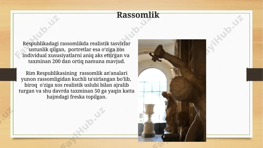 n, bu yunon ta'siridan chetlashish va o'ziga xos uslubni shakllantirish bilan bog'liq edi. portret haykaltaroshligi, jumladan, maskalar va byustlar, rim respublikasining me'morchiligi san'atida muhim rol o‘ynagan, jamiyatning ijtimoiy ierarxiyasini aks ettirgan. uy-joy arxitekturasi boy rim fuqarolari uchun villalar, 500 kvadrat metrdan ortiq maydonni egallab, murakkab mozaikalar, freskalar va hashamatli mebellar bilan bezatilgan. rim respublikasidagi shahar uy-joylari, taxminan 100 kvadrat metr maydonni egallab, tor ko'chalar bo'ylab joylashgan bo'lib, kameralar va xonalarning ixcham joylashuvini aks ettirgan. ma'badlar rim respublikasi davridagi "mabadlar" haykallari realistik uslubda yaratilgan boʻlib, odatda, marmar yoki bronza kabi qimmatbaho materiallardan foydalanilgan va oʻz davrining siyosiy va ijtimoiy hayotini aks ettiruvchi muhim badiiy yodgorliklar hisoblanadi. “mabadlar” deb ataluvchi rim respublikasi davridagi haykallar, odatda, 2–1-asrlarga toʻgʻri keladi va ularning aksariyati portret janriga mansub boʻlib, shaxslarning individual xususiyatlarini aniq aks ettiradi. yo'llar rim respublikasi davridagi yo'llar tarmog'i taxminan 80 000 kilometrni tashkil etgan bo'lib, bu strategik ahamiyatga ega bo'lgan harbiy va savdo …
