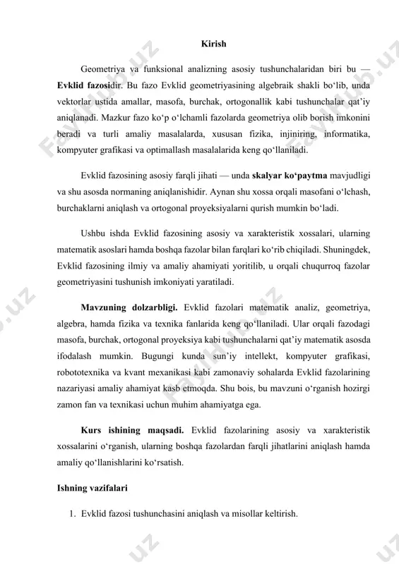 ni quyidagicha ta’riflaymiz. ushbu vektorlarning skalyar ko‘paytmasini formula bilan aniqlaymiz. 10-30 aksiomalar haqiqatan ham bajariladi, buni tekshirib ko‘rish qiyin emas. 40 aksioma ham o‘rinlidir, chunki va bo‘lgan holdagina . 3. 1-misolga ko‘ra umumiyroq misolni ko‘rib chiqaylik. vektorni ilgarigicha, n ta haqiqiy sonlar to‘plami deb qaraymiz. vektorlarni qo‘shish va ularni songa ko‘paytirishni 1-misoldagi kabi aniqlaymiz. biror matritsani olamiz. x va u vektorlar skalyar ko‘paytmasini ushbu formula bilan aniqlaymiz: (1) (1) formula bilan aniqlangan ifoda skalyar ko‘paytmaning hamma aksiomalarini haqiqatan qanoatlantirishi uchun matritsaga qanday shartlar qo‘yish kerak ekanligini ko‘raylik. har qanday matritsa uchun 20 va 30 aksiomalarning bajarilishiga to‘g‘ridan to‘g‘ri tekshirish bilan ishonamiz. 10 aksiomaning bajarilishi uchun, ya’ni (x,u) ifoda x va u ga nisbatan simmetrik bo‘lishi uchun (2) bo‘lishi, ya’ni matritsaning simmetrik bo‘lishi zarur va yetarlidir. 40 aksioma (3) ifodaning har qanday lar uchun manfiy bo‘lmasligini hamda bo‘lgandagina nolga aylanishini talab qilamiz. agar (3) formula bilan aniqlanadigan bir jinsli ko‘phad («kvadratik …