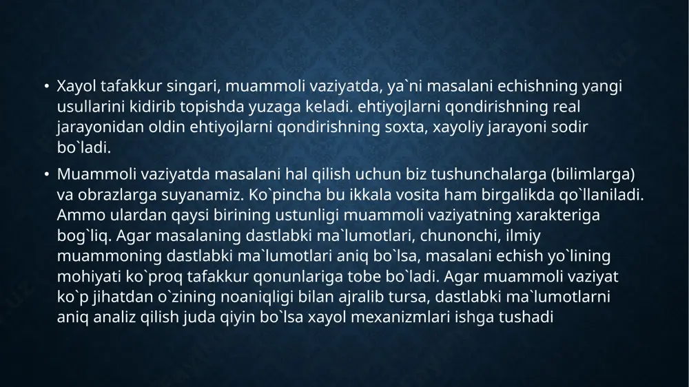 zida artistlik, ijodkorlik, tanqidiy, yaratuvchilik va antitsipiruyushee xayol turlarini mujassamlashtiradi. obrazlarning mustaqilligi va haqiqiyligiga bog‘liq ravishda xayol yaratuvchi va ijodkor bo‘ladi. yaratuvchi xayol – bu ma’lum inson uchun biror yangilikni so‘z orqali ta’riflash yoki uni shartli ravishda aks ettirish (chizma, notali yozuv va boshqalar) ga tayangan holda tasavvur qilish. xayolning bu turi insonning turli xil faoliyatida, shu bilan birga, ta’limda ham keng qo‘llaniladi. xuddi shunday, yaratuvchi xayol ishchiga mehnat operatsiyalarini chizmalar bo‘yicha bajarishga yordam beradi. ijodiy xayol – bu yangi obrazlarni tayyor ta’riflar yoki shartli tasvirlarga tayanmagan holda yaratish. xayolning bu turi davomida inson mustaqil holda boshqa odamlar yoki jamiyat uchun qadrli bo‘lgan, faoliyatning aniq o‘ziga xos mahsulotida gavdalangan yangi obraz va g‘oyalar yaratadi. ijodiy xayol inson ijodiy faoliyati barcha turlarining tarkibiy qismi asosi bo‘lib hisoblanadi. antitsipatsiyaviy xayol insonning juda muhim va zarur qobiliyati – kelajakdagi voqealarni oldindan sezish, harakatlarining natijasini ko‘ra olish va boshqalar asosida yotadi. insonning bu qobiliyatiga …