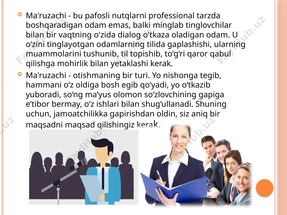 i bir necha turlarga bo'linadi: axborot. ko'pincha bu ma'ruzalar, ma'ruzalar, og'zaki javoblar. protokol va odob-axloq qoidalari. bunday nutqlar muhim mehmonlar bilan uchrashganda, tostlar qilishda, motam nutqlarida yoki yangi muassasa ochishda qo'llaniladi. qiziqarli. odatda ular yoqimli dam olish uchun ishlatiladi, ular qiziqarli kontekstga ega, lekin ayni paytda ma'lumotni etkazishadi. ishonchli nutq. bunday hisobotda tinglovchilarni siz tomoningizga tortadigan shubhasiz faktlar va dalillar bo'lishi kerak. masalan, taniqli siyosatchilarning chiqishlari. masalan, avraam linkoln 1863 yilda gettisburg murojaatnomasida fuqarolarni birorta askar behuda o'lmaganiga va bu ozodlik yo'lidagi zarur qurbonlik ekanligiga ishontirdi. ritorikadagi shaklga ko'ra, ommaviy nutqning quyidagi turlari mavjud: xabar, ma'ruza, nutq, suhbat. samarali bo'lishi uchun nutq aniq va ifodali bo'lishi kerak. va bu har doim ham katta hajmdagi matn bo'lmasligi mumkin. siz o'z fikringizni bir nechta kuchli jumlalar va yorqin taqqoslashlar bilan etkazishingiz mumkin. ommaviy nutqning boshlashdaeng yomoni, ko'p odamlar oldida taqdimotni boshlashdir. qiziqarli boshlash uchun bir nechta fokuslar mavjud. qiziqarli, hayajonli voqeani aytib …