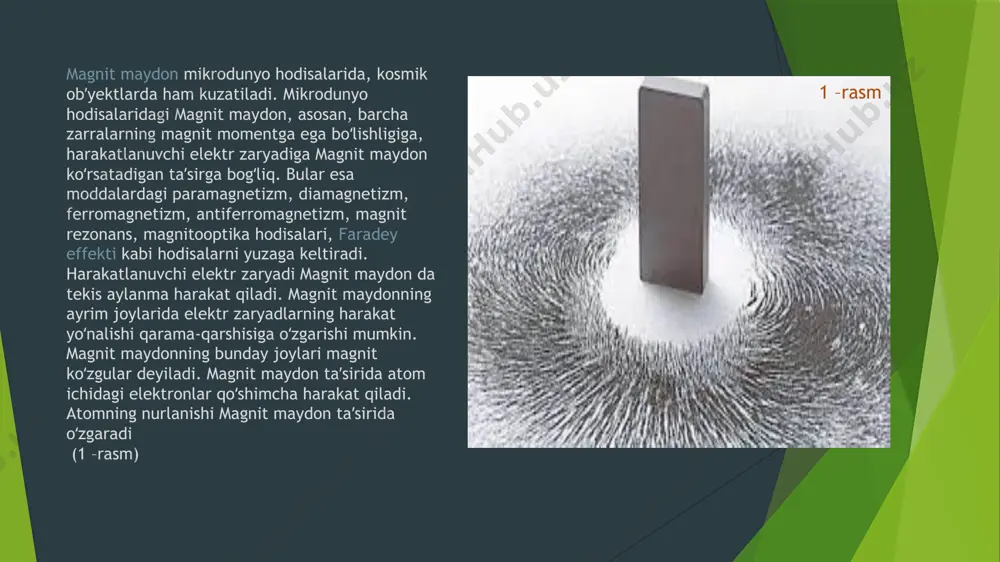 ilan ta’sir qiladi. 1819 yilda ersted tokning magnit sterlkasiga ta’sir etish hodisasini, 1820 yilda amper toklarning o‘zaro ta’sir etish hodisasini topdilar. 1831 yilda faradey elektromagnit induksiya hodisasini kashf etdi. 1834 yilda lens induktivlangan magnit oqimining teskari ta’sir etish qonunini ifodalab berdi. fanning shu sohalaridagi taraqqiyoti elektr va magnit hodisalari bir-biridan ajralmas ekanligini isbot etdi. elektr tokisiz magnit hodisasi va aksincha, magnit hodisasiz elektr toki bo‘lmaydi. elektr toki tarzida sodir bo‘lgani uchun, albatta, magnit hodisalari ham elektr hodisalari bilan birgalikda sodir bo‘ladi. m agnit maydonni rasmda magnit kuch chiziqlari tufayli tasvirlash mumkin . doimiy magnitni n va s qutblari bo‘ylab yo‘nalgan berk uzluksiz chiziqlarni magnit kuch chiziqlari deb ataladi . to‘g‘ri o‘tkazgich-dagi tok atrofida hosil bo‘lgan aylanalardan iborat . magnit kuch chiziqlarining boshi va oxiri bo‘lmaydi. elektr maydon kuch chiziqlari ochiq, uzlukli bo‘lib, musbat zaryadda boshlanadi va manfiy zaryadda tugaydi. magnit kuch chiziqlarining uzluksizligi tabiatda magnit zaryadlari yo‘qligi va binobarin, magnit …