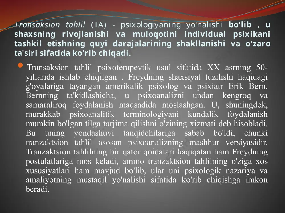 aqiqlar, ideal talablar va boshqalar kabi ko'rinishlarda o'zini namoyon qiladi. shuningdek, u har bir qadamni hisoblash zaruratini yo'qotib, o'rnatilgan avtomatlashtirilgan xatti-harakatlar shakllarini tartibga soladi. ota-onalar faoliyatining salbiy tomoni dogmatizm va diktatsiya qilingan ko'rsatmalarning o'zgarmasligi bilan belgilanadi. bola biologik ehtiyojlar va asosiy insoniy his-tuyg'ularning tashuvchisi sifatida ishlaydi. shuningdek, u erta bolalik taassurotlari va tajribalari bilan bog'liq affektiv komplekslarni o'z ichiga oladi. uning ijobiy fazilatlari - spontanlik, ijodkorlik, sezgi; salbiy - xulq-atvorni ixtiyoriy tartibga solishning yo'qligi, nazoratsiz faoliyat. voyaga yetganlar eng oqilona komponent bo'lib, u nisbatan mustaqil ravishda ishlaydi, garchi ota-ona va bolada mavjud bo'lgan ma'lumotlardan foydalansa. voyaga etgan odam kompetentsiyani, mustaqillikni va vaziyatlarni real ehtimoliy baholashni ifodalaydi. bern, deyarli barcha gumanistik psixologiyaning asosiy shartlaridan biriga zid ravishda, inson bir va yaxlit emasligini ta'kidlaydi: odamning xatti-harakati va unga mos keladigan fiziologik, hissiy va ruhiy holatlari tizimli ravishda birlikni emas, balki ko'plikni ko'rsatadigan tarzda o'zgaradi. professional tilda ego holatlarini quyidagicha ta'riflash mumkin: fenomenologik …