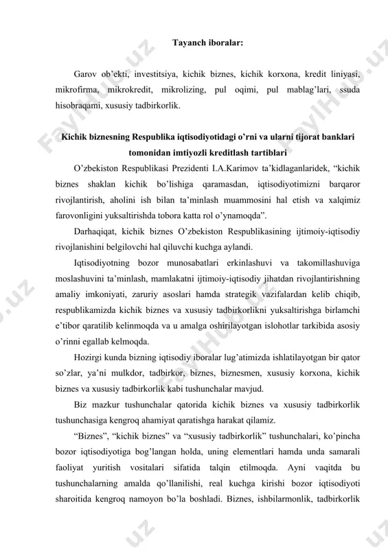 susiy tadbirkorlik tushunchasiga kengroq ahamiyat qaratishga harakat qilamiz. “biznes”, “kichik biznes” va “xususiy tadbirkorlik” tushunchalari, ko’pincha bozor iqtisodiyotiga bog’langan holda, uning elementlari hamda unda samarali faoliyat yuritish vositalari sifatida talqin etilmoqda. ayni vaqitda bu tushunchalarning amalda qo’llanilishi, real kuchga kirishi bozor iqtisodiyoti sharoitida kengroq namoyon bo’la boshladi. biznes, ishbilarmonlik, tadbirkorlik bir-biri bilan uzviy bog’liq tushunchalardir. biznes ma’lum bir faoliyat bilan shug’ullanish, o’sha faoliyatni o’zining kundalik hayot va harakat tarziga aylantirib olish, u bilan doimiy shug’ullanishdir. biznes o’zidagi iqtisodiy, moliyaviy, tabiiy, ma’naviy, intellektual imkoniyat, qobiliyat va sharoitlarni ishga solish orqali natijalar olishdir. xullas, biznes faollik va yuqori iqtisodiy-ijtimoiy samaralarga erishib, farovon hayot tarzi asoslarini bunyod etishdir. “kichik” va “xususiy” korxona turlarining muhim belgilaridan biri – o’z faoliyati va mulkiga bevosita egalik qilishdir. bunda mulk va uning nazorati yuzasidan javobgarlik hissi aynan rahbar – yagona mulkdor shaxsning zimmasiga yuklanishi bilan ifodalanadi. kichik biznes va xususiy tadbirkorlikning ijtimoiy-iqtisodiy mohiyatini to’laroq ochib berish uchun …