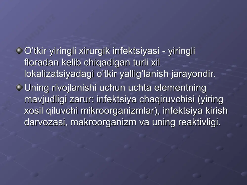 lasi va atrofidagi biriktiruvchi toʼqimalarning oʼtkir yiringli-nekrotik yalligʼlanishi burun-lab burchagi furunkuli. burun-lab uchburchagidagi furunkulda pileflebitning tarqalish sxemasi karbunkul (carbunculus) teri osti toʼqimalariga, teriga tarqaladigan keng yalligʼlanish infilьtrati va nekrozni keltirib chikaradigan bir nechta soch follikulalari va yogʼ bezlarining oʼtkir yiringli-nekrotik yalligʼlanishi. yuz karbunkuli bo`yin orqa tomoni karbunkuli davolash toʼqimalarning keng nekrozi, progressiv shish, intoksikatsiya boʼlsa shoshilinch jarroxlik davolash koʼrsatiladi. operatsiya - umumiy ogʼriqsizlantirish ostida karbunkulning krestsimon kesma bilan ochiladi. karbunkul toʼliq chuqurlikda sogʼ toʼqimalargacha kesiladi. buning davomida xosil boʼlgan toʼrta qopqoq ajratiladi, nekrozga uchragan toʼqimalar kesiladi, yiringli boʼshliqlar ochiladi. keyinchalik davolash yiringli jaroxatlarni davolashning umumiy qoidalariga muvofiq amalga oshiriladi. krestsimon kesma bilan karbunkulni ochish sxemasi karbunkulni radikal xirurgik ochishdan keyingi xolati. eʼtiborlaringiz uchun raxmat.