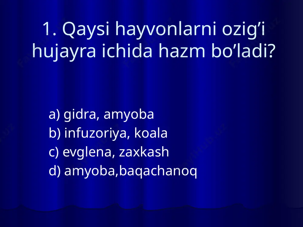 ralar qanday vazifani bajarishini belgilang? 1.teri-muskul 2. otuvchi 3. nerv 4. oraliq a) harakatlanish b) reganerasiya c) ovqat hazm qilish d) himoya f) ta’sirlarni qabul qilish a) 1-a, 2-b, 3-v, 4-d b) 1-a, 2-d, 3-f, 4-b c) 1-b, 2-a, 3-v, 4-d d) 1-g, 2-d, 3-b, 4-v 14.gidraning qaysi qavati hujayralari amyobaga o’xshash soxta oyoqlar chiqarish xususiyatiga ega? a) ektoderma b) endoderma c) mezoderma d) tashqi qavat 15.meduzalar uchun xos belgini aniqlang? a) tana devori ikki qavat, lekin oraliq moddasi juda kam b) tana devori ikki qavat, oraliq modda bir xil taqsimlangan c) tana devori uch qavat, oraliq modda bir xil taqsimlangan d) tana devori ikki qavat, lekin oraliq moddasi yo’q 16.gidrasimonlar qaysi hayvonlardan kelib chiqqan? a) qadimgi koloniya bo’lib yashovchi xivchinlilardan b) qadimgi soxta oyoqlilardan c) poliplar va meduzalardan d) qadimgi korall poliplar koloniyasidan 17.aktiniyalar qanday yo’l bilan ko’payadi? 1. jinsiy 2. spora bilan 3. teng ikkiga bo’linish 4. kurtakla- …