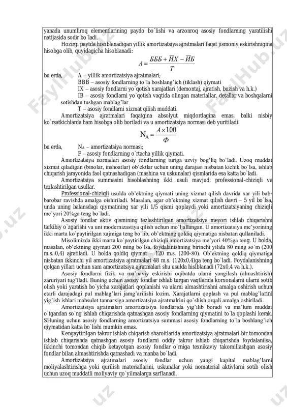 ’ich (tiklash) qiymati ix – asosiy fondlarni yo`qotish xarajatlari (demontaj, ajratish, buzish va h.k.) ib – asosiy fondlarni yo`qotish vaqtida olingan materiallar, detallar va boshqalarni sotishdan tushgan mablag’lar t – asosiy fondlarni xizmat qilish muddati. amortizatsiya ajratmalari faqatgina absolyut miqdordagina emas, balki nisbiy ko`rsatkichlarda ham hisobga olib boriladi va u amortizatsiya normasi deb yuritiladi: ф а n a 100  bu erda, na – amortizatsiya normasi; f – asosiy fondlarning o`rtacha yillik qiymati. amortizatsiya normalari asosiy fondlarning turiga uzviy bog’liq bo`ladi. uzoq muddat xizmat qiladigan (binolar, inshoatlar) ob’ektlar uchun uning darajasi nisbatan kichik bo`lsa, ishlab chiqarish jarayonida faol qatnashadigan (mashina va uskunalar) qismlarida esa katta bo`ladi. amortizatsiya summasini hisoblashning ikki usuli mavjud: professional-chiziqli va tezlashtirilgan usullar. professional-chiziqli usulda ob’ektning qiymati uning xizmat qilish davrida xar yili bab- barobar ravishda amalga oishiriladi. masalan, agar ob’ektning xizmat qilish davri – 5 yil bo`lsa, unda uning balansdagi qiymatining xar yili 1/5 qismi qoplaydi …