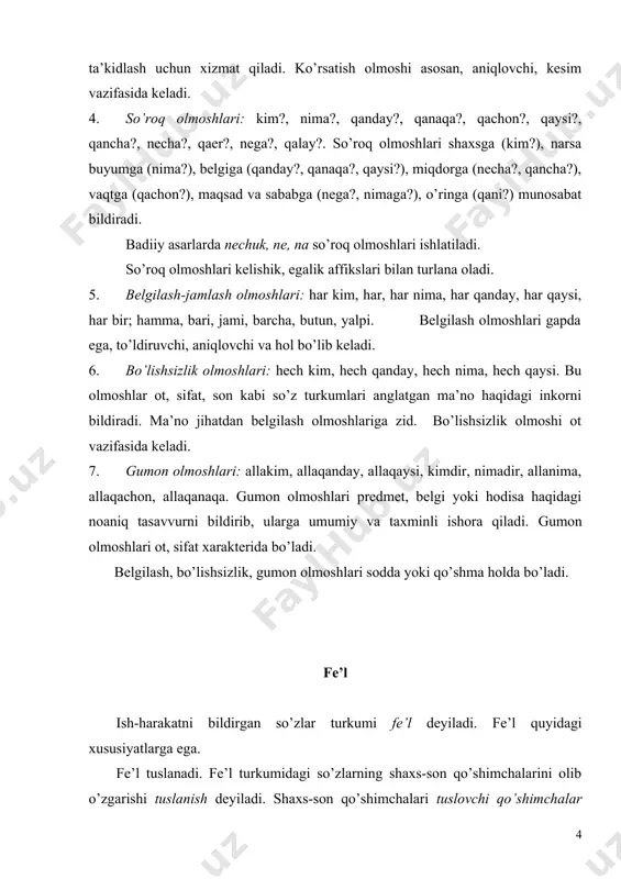 hakli-di: yozdik, ko’rdik. b) uzoq o’tgan zamon shakli –gan: yozgandingiz, ko’rgandingiz. v) o’tgan zamon hikoya shakli-(i) b: yozibsiz, ko’ribmiz; yozib edik, ko’rib edik. g) o’tgan zamon davom fe’li-a(r)-edi, (-mas-edi): ko’rinar edi, ko’rinmas edi. 2. hozirgi zamon fe’llari quyidagicha: a) aniq hozirgi zamon shakli -yap-shaxs-son affiksi: -yotir,-yotib; boryapman, borayotirman, borayotibman; -moqda: bormoqda. b) hozirgi- kelasi zamon shakli: kelasi zamon aniq shakli:-a, -y; yozadi; ishlaymiz; kelasi zamon gumon shakli; -(a)r, (-mas); yozarman, yozmasman. 3.kelasi zamon shakllari quyidagicha: a) aniq kelasi zamon shakli -ajak(-yajak): borajakmiz, o’qiyajakmiz; -gu(-g’u,-ku,-qu): kelgum(dir), kelgumiz, kelgusi; b) kelasi zamon maqsad shakli-moqchi: kelmoqchiman, aytmoqchisan; v) kelasi zamon gumon shakli:-r,-ar: o’qirman, boraman. ba’zi hollarda bir zamon shaklining boshqasi o’rnida qo’llanishi uchrab turadi. harakatning qaysi zamonga oidligi esa umumiy holatdan anglashilib turadi. masalan: hozir qorong’ida qayoqqa bordigu, nimayam qildik-kelasi zamon. shundan so’ng bilmadim, qancha vaqt shirin xayollar osmonida qanot qoqib yurdim-hozirgi zamon. bugun kechqurungi poezd bilan jo’nab ketyapmiz-kelasi zamon. fe’llar ma’no va …