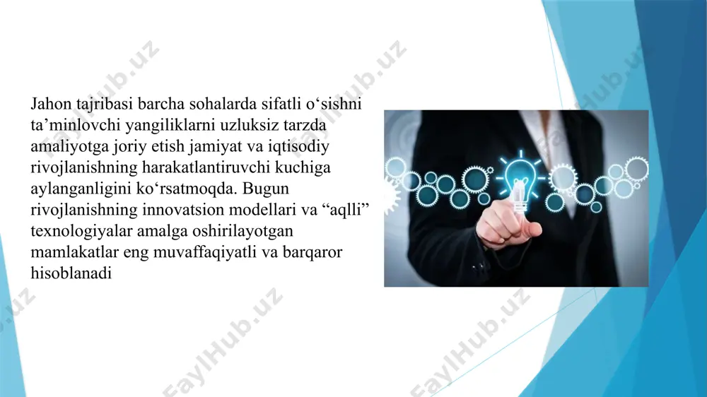 jixatlar majmuasidir. u korxonalarning eksport va ilmiy-texnik potentsiali, moliyaviy barqarorlik darajasi, ishlab chiqarishni diversifikatsiyalash darajasi, innovatsion dasturlar sifati kabilar bilan belgilanadi. sanoat majmuasiga korxonalarining innovatsion jozibadorligini ta’minlash-bu milliy iqtisodiyot samaradorligining muhim yo‘nalishidir. uni amalga oshirish uchun kompleksli xukumat dasturini ishlab chiqish zarur. sanoat korxonalarining innovatsion salohiyatini atroflicha baholash va innovatsion faollikka ta’sir etuvchi ichki omillar sifatini yaxshilash kabilar mazkur dasturning asosiy yo‘nalishlari sifatida xizmat qilishi lozim shunday qilib, o‘zbekistonda ilm-fanni rivojlantirishning davlat tomonidan qo‘llab-quvvatlash borasida yangi tizim shakllantirildi. u barqaror iqtisodiy taraqqiyotning ancha muhim masalalarini xal qilishga qaratilgan kuch va vositalar kontsentratsiyasini ta’minlashga qaratilgan. barqaror iqtisodiy o‘sishni ta’minlash uchun faol innovatsion, sanoat, tarkibiy, ilmiy-texnik siyosatni yuritish zarur. bu esa o‘z navbatida davlat iqtisodiy kuvvatini qayta tiklanishning boshlanishi uchun butun jamiyatga asos bo‘lib xizmat qiladi bozor munosabatlariga o‘tish davrida davlatning ilmiy-texnik siyosatining asosi-respublikada tovar va xizmatlarga bo‘lgan ichki iste’molni tezrok qondirish va jaxon bozorida raqobatbardosh mahsulot ishlab chiqarish maqsadida iqtisodiyot tarmoqlarining …