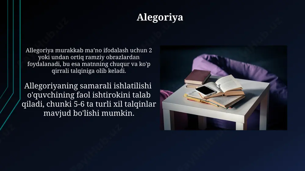 nuvchi ot anaforani hosil qilishi mumkin. adabiyotda anaforaning qo'llanilishi asarning uyg'unligi va ohangini belgilashda muhim rol o'ynaydi; masalan, ikki qatorli she'rda qo'llanilishi ritmik ta'sirni oshiradi. giperbola giperbola, adabiyotda tez-tez uchraydigan badiiy usul boʻlib, biror voqea, xususiyat yoki his-tuygʻuni 10 dan ortiq marta oshirish yoki kamaytirish orqali ta’sirchanlikni kuchaytiradi. giperbolaning asosiy vazifasi, obrazlarni yorqin va unutilmas qilib yaratish, shuningdek, mulohazalar va hissiyotlarni 20 barobar kuchliroq ifodalashdan iborat. metonomiya metonimiya, nutqning bir qismini butun narsaga almashtirish bo‘lib, masalan, "taxt" so‘zi bilan monarxni, yoki "oq uy" bilan aqsh prezidentini ifodalash orqali 2 dan ortiq ma’nolarni anglatishi mumkin. adabiyotda metonimiya obrazli ifodani boyitadi va 3 ta asosiy turga bo‘linadi: sintaksis, semantik va pragmatik metonimiyalar. ular ma’no aloqalarining turli xil turlariga asoslangan. epitet epitetlar, adabiyotda 20 dan ortiq turdagi adabiy vositalar ichida eng keng tarqalgan va ta'sirchan usullardan biri hisoblanadi. epitetlarning maqsadlaridan biri – obrazlilikni kuchaytirish va o'quvchini 5 ta his tuyg'usi orqali asarga chuqurroq …