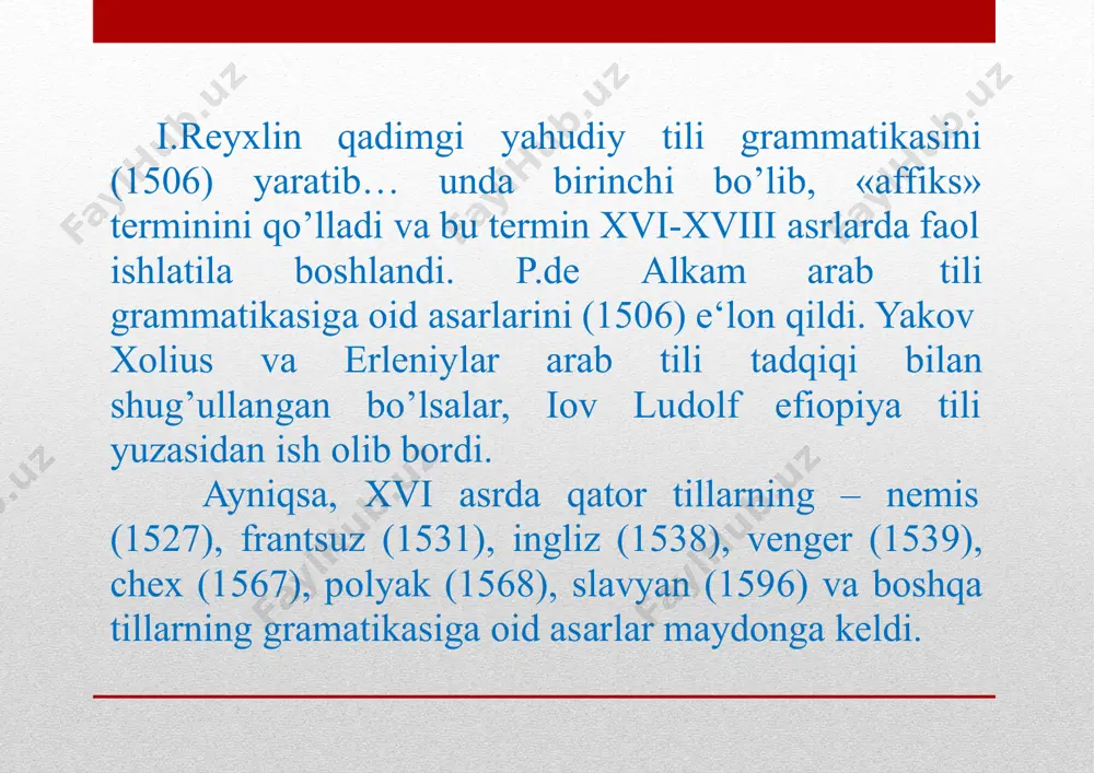 ko’ra izohlash mumkinligiga olib keldi. masalan, bengaliyada xizmat qilgan ingliz sharqshunosi va huquqshunosi vilyam djons (1746- 1794) sanskrit tilini yunon va lotin tillariga qiyoslab, ular o’rtasida yaqinlik, qarindoshlik borligi haqidagi fikrlarni, ma‘lumotlarni qatiy aytdi. nemis olimi fridrix shlegel (1772-1829) esa o’zining mashhur «hindlarning tili va donoligi» asarida sanskrit tilining na faqat lug’at tarkibida, balki grammatik munosabatida ham lotin, grek, german va fors tillariga qarindosh ekanligini, ularning kelib chiqishiga ko’ra umumiy asosga egaligini qayd etadi. demak, tillarni qiyosiy nuqtai nazardan tadqiq qilish, ularga tarixiylik nuqtai nazardan yondashish kabilar qiyosiy-tarixiy tilshunoslikning maydonga kelishiga, tilshunoslikning alohida, mustaqil fan sifatida qatiy tan olinishiga zamin yaratdi. ushbu jarayonda qiyosiy-tarixiy metodning yaratilishi hal qiluvchi ahamiyatga ega bo’lib, qiyoslash tillarni o’rganishda usul, vosita sifatida, tillarga tarixiylik nuqtai nazaridan yondashish esa tadqiqotning printsipi (bosh g’oyasi, maqsadi) sifatida namoyon bo’ldi. eslatish joizki, mahmud koshg’ariy, vilyam djons, fridrix shlegel kabi olimlarning ham qiyosiy- tarixiy metodning yaratilishidagi xizmatlarini inkor qilib bo’lmaydi. …